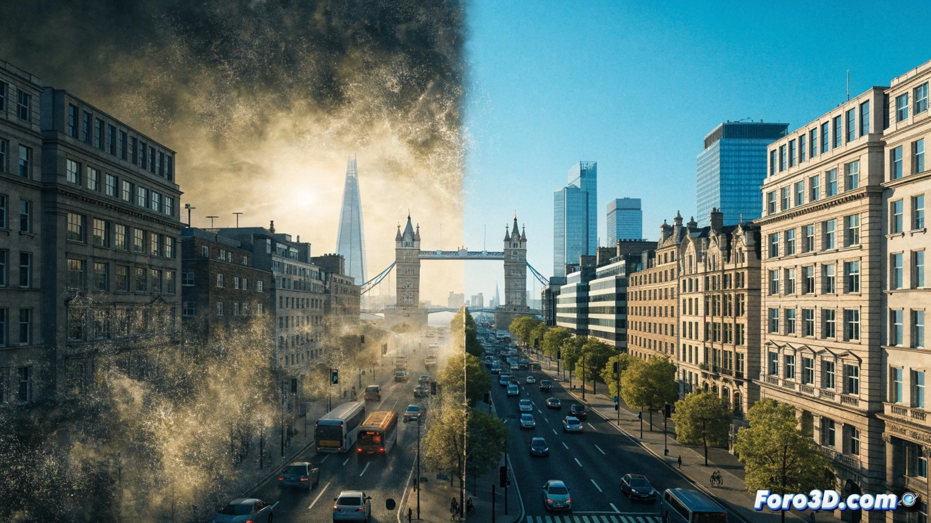 London cityscape at sunrise with a dense traffic jam on a main road, a modern electric bus and a bicycle courier moving freely through a clean air zone, while a visible holographic Ulez enforcement camera scans license plates, a digital dashboard on a nearby building displays air quality index dropping from red to green, pedestrians walking without masks, photorealistic cinematic urban scene, soft golden light piercing through haze, ultra-detailed vehicle emissions fading into clean air, technical environmental visualization