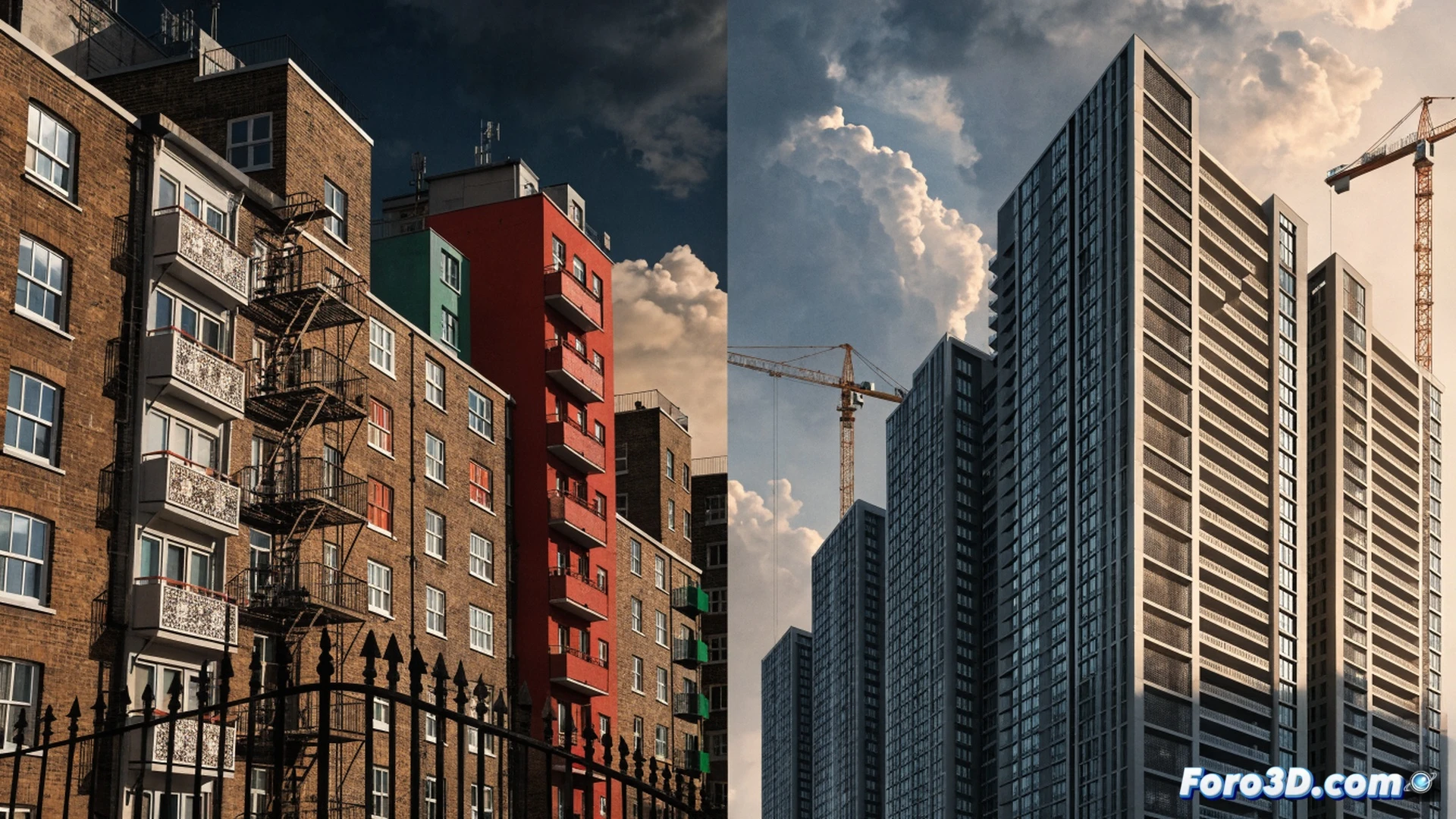 photorealistic technical illustration, aerial view of London row houses, a golden brick wall being partially demolished by a construction crane claw, while a transparent ghost-like blueprint overlay shows 35% shrinking to 20%, a municipal hearing room in the background with empty chairs and a silenced microphone, construction workers ignoring a protest sign held by a citizen, dark storm clouds gathering above, cinematic dramatic lighting, ultra-detailed brick textures, blueprints and architectural plans scattered on wet pavement, realistic urban decay atmosphere