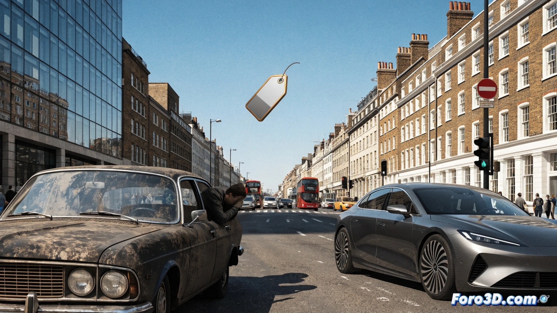 Londres calle urbana bajo lluvia, coche antiguo parado frente a cámara ULEZ, conductor con expresión preocupada revisando cartera vacía, cámara de vigilancia con luz roja activa, tubo de escape emitiendo humo gris, semáforo en rojo, fondo de edificios de oficinas iluminados, contraste entre vehículo oxidado y coche eléctrico moderno al fondo, gotas de lluvia en parabrisas, escena nocturna, estilo fotorealista cinematográfico, iluminación fría de neón, textura de asfalto mojado, detalles de suciedad en neumáticos, enfoque nítido en rostro angustiado, profundidad de campo desenfocada en entorno urbano.
