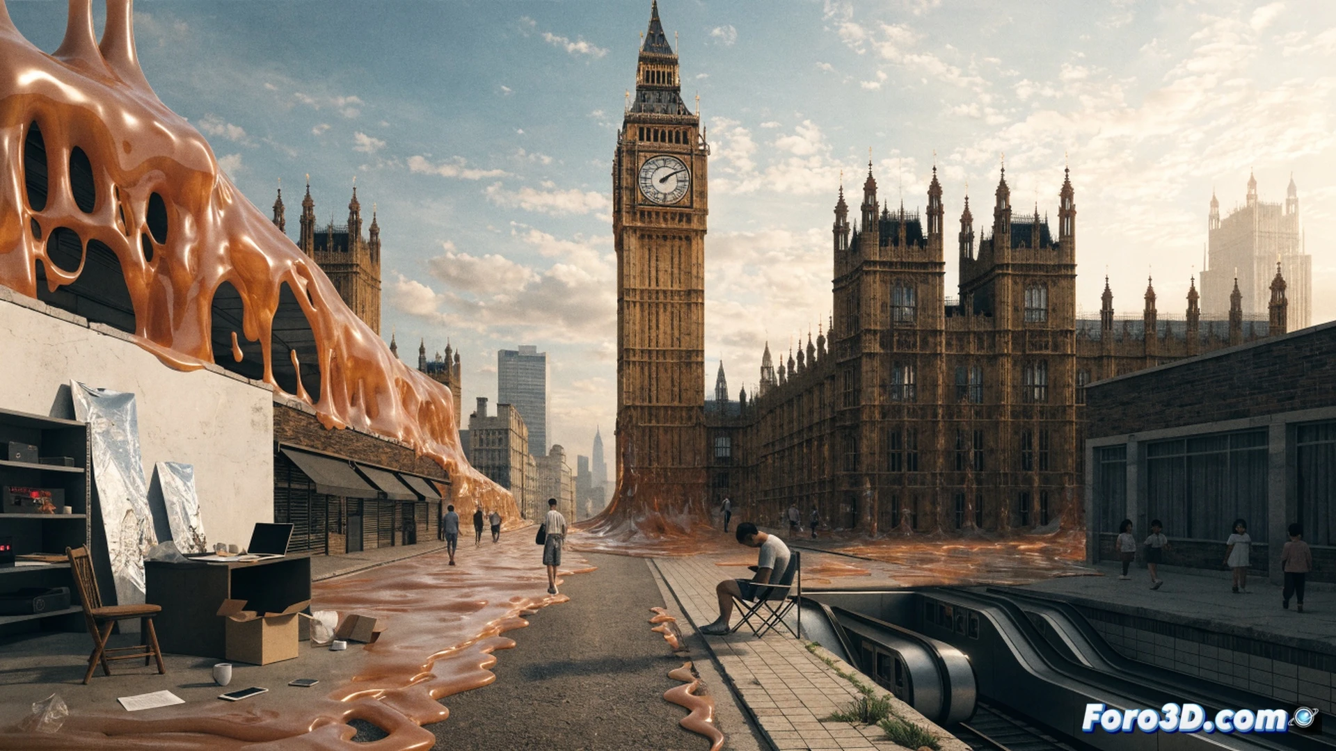 cinematic photorealistic scene of a modern London office building interior, empty conference room with a large digital thermostat display showing 37°C, a single laptop overheating on a wooden table with a warning icon on screen, ceiling fans motionless, sunbeams streaming through floor-to-ceiling windows casting harsh shadows, dust particles floating in stagnant air, technical illustration style, dramatic lighting emphasizing the heat haze distorting the room, ultra-detailed architectural elements, realistic thermal glow effect, no people present