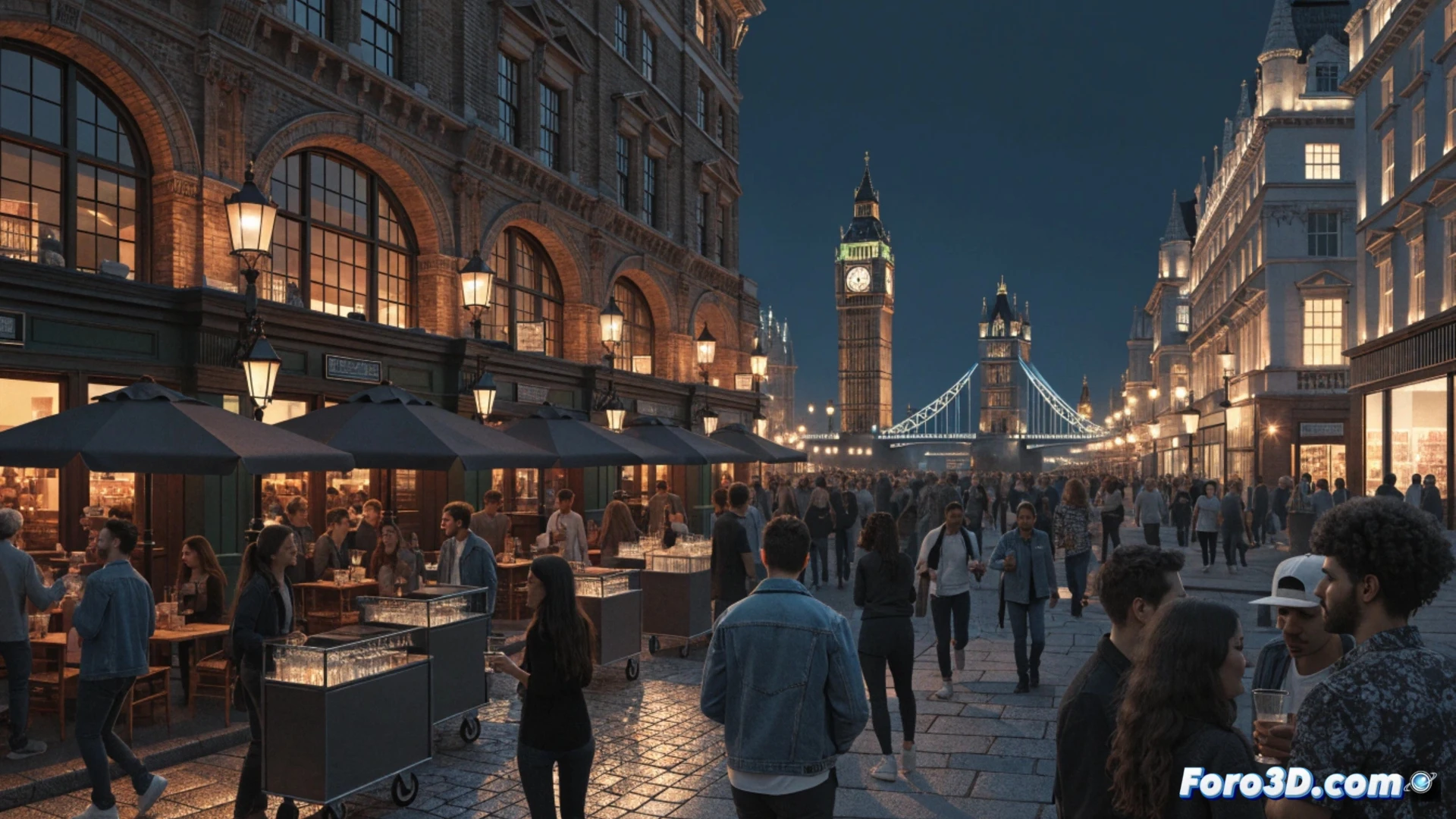 cinematic night scene of a London pub exterior with extended opening hours sign, bartender polishing a beer tap while a digital clock shows 2 AM, outdoor tables with pints and plates of food on the sidewalk, glowing pub windows reflecting on wet cobblestones, football jerseys hanging from awnings, a street lamp illuminating the scene, photorealistic architectural detail, warm amber and cool blue lighting contrast, bustling atmosphere with blurred pedestrians in background, hyperrealistic textures of brick and glass