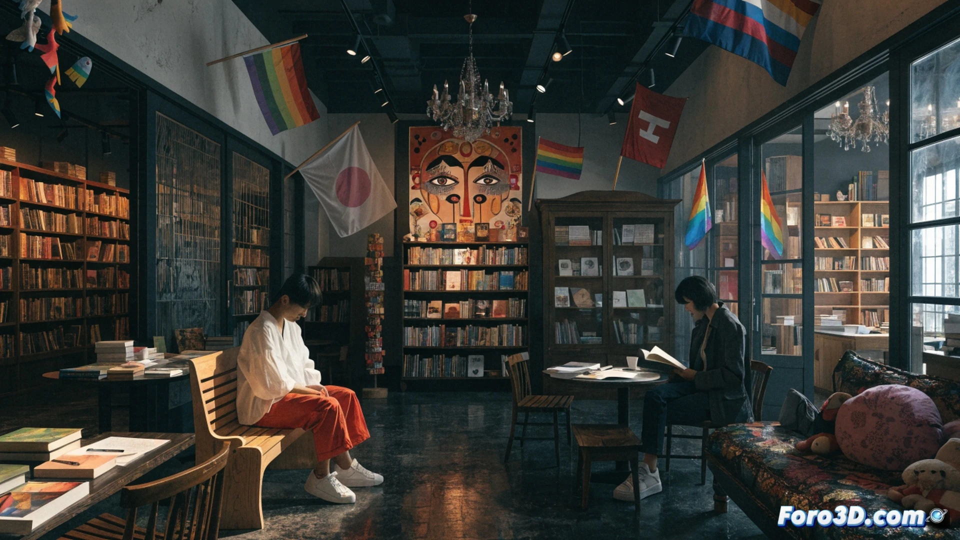 interior de una librería en Tokio, estanterías de madera llenas de libros queer, dos personas jóvenes sentadas en el suelo hojeando una revista de arte, una tercera persona de pie señalando una portada colorida, luz cálida de lámparas colgantes, carteles de eventos LGBTQ+ en la pared, una laptop abierta sobre la mesa con un diseño de logotipo visible, ambiente acogedor y diverso, acción de diálogo y descubrimiento, estilo cinematográfico realista, colores saturados, texturas de papel y madera, sombras suaves, fotografía documental contemporánea