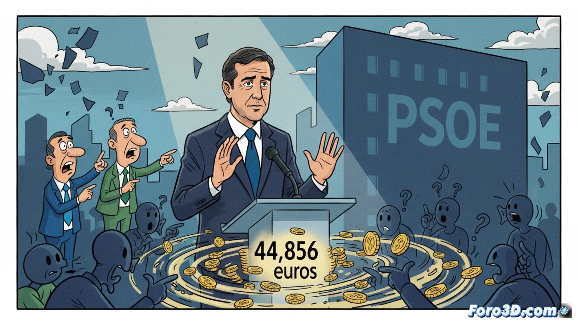 político con traje oscuro de pie frente a atril de madera, gesto de calma con manos abiertas, billetes de euro cayendo lentamente detrás de él en cámara lenta, sombras alargadas de siluetas de periodistas en primer plano, micrófonos de grabación sobre la mesa, luces de foco de televisión creando contraluz dramática, humo tenue de máquina de efectos escénicos alrededor del atril, fondo de bandera española desenfocada en penumbra, estilo cinematográfico fotorealista, textura de grano de película, profundidad de campo estrecha, iluminación de claroscuro político, tonos fríos azulados con destellos cálidos en el rostro