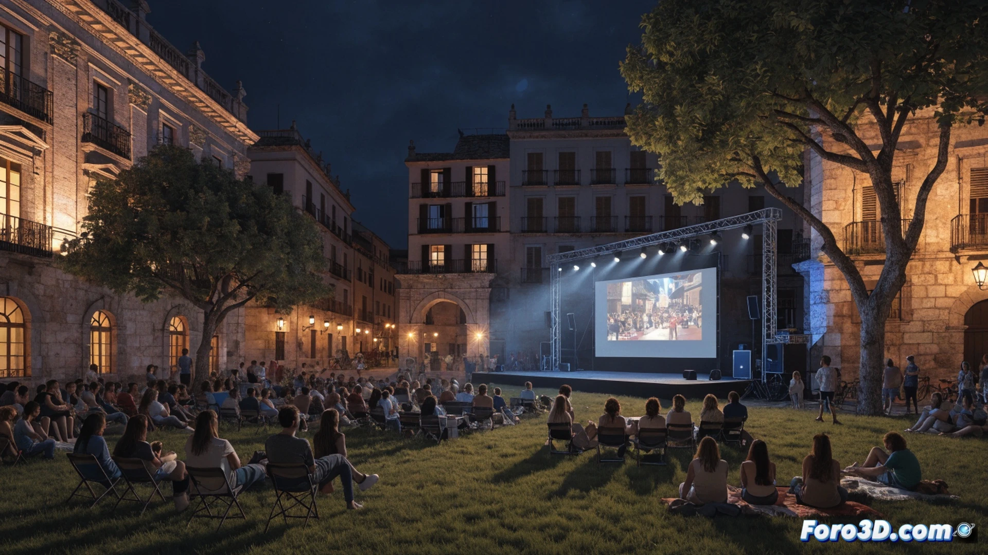 Vista aérea nocturna de una plaza pública en Lorca, pantalla de cine hinchable iluminada con proyección de película, familias sentadas en sillas plegables y mantas en el suelo, niños corriendo cerca de la pantalla mientras palomitas vuelan, altavoces de sonido profesional sobre trípodes metálicos, proyector digital sobre carro técnico con cables visibles, farolas históricas iluminando suavemente el entorno, estilo cinematográfico realista, colores cálidos de verano, luz azul de la pantalla reflejada en rostros, atmósfera festiva y comunitaria, photorealistic architectural render