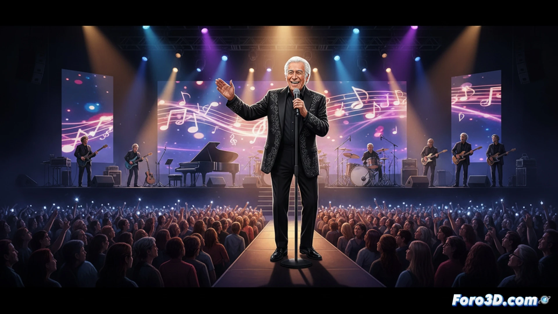 el cantante Lorenzo Santamaría de 80 años sobre un escenario iluminado con focos cálidos, micrófono de pie dorado en mano izquierda, brazo derecho extendido hacia el público, frente a un atril con partituras y un monitor de retorno de audio, durante la grabación de su primer disco en vivo, cabina de sonido visible al fondo con consola mezcladora y técnico ajustando niveles, público sentado con palmas en alto, fotografía cinemática nocturna, textura granulada de película, luces de escenario con destellos cálidos, atmósfera emotiva e íntima, estilo photorealistic