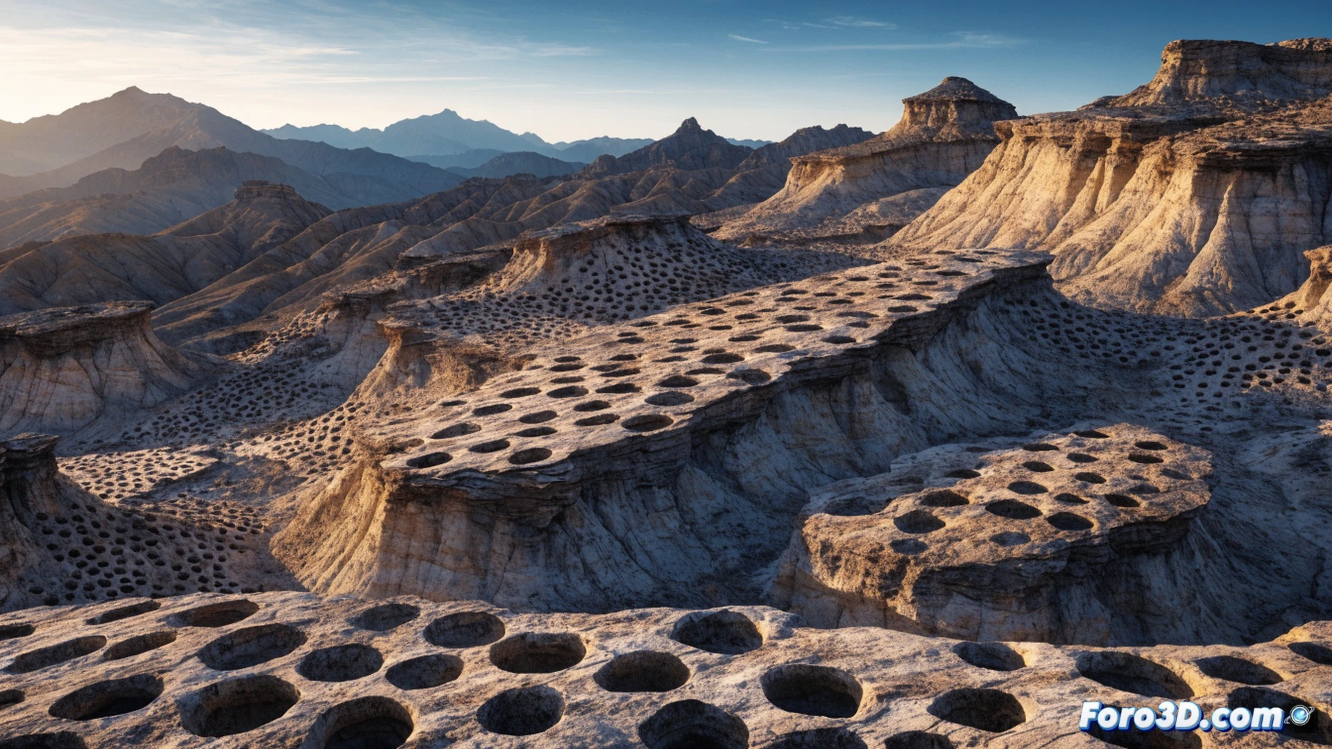 Aerial view of nearly six thousand circular pits carved into arid desert rock in Pisco Valley, Peru, forming a vast geometric pattern across the landscape, sunlight casting long shadows inside each hole, a single archaeologist kneeling beside a pit while examining a broken ceramic fragment with a trowel, another researcher using a tablet showing a 3D digital terrain map with numbered pit markers, dry cracked earth and scattered stones surrounding the scene, cinematic photorealistic technical illustration, dramatic golden hour lighting, sharp contrast between dark pit interiors and sunlit rock surface, ultra-detailed textures of weathered stone and dust, wide-angle perspective emphasizing the infinite repetition of holes, no text or numbers visible on the image
