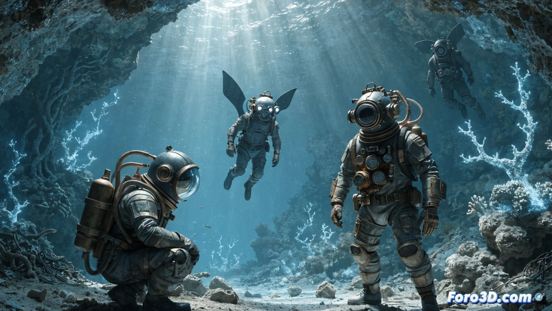 Underwater deep-sea salvage operation, vintage diving suits with copper helmets and air hoses, divers using mechanical claw tools to open a rusted submarine hatch, murky green ocean depths, swirling silt and bubbles, flickering helmet-mounted floodlights illuminating corroded metal surfaces, abandoned underwater wreckage with entangled cables and broken sonar equipment, dramatic cinematic lighting with shafts of light piercing from the surface, photorealistic technical illustration, high-contrast shadows, sediment particles suspended in water, hyper-detailed textures of rust and marine growth