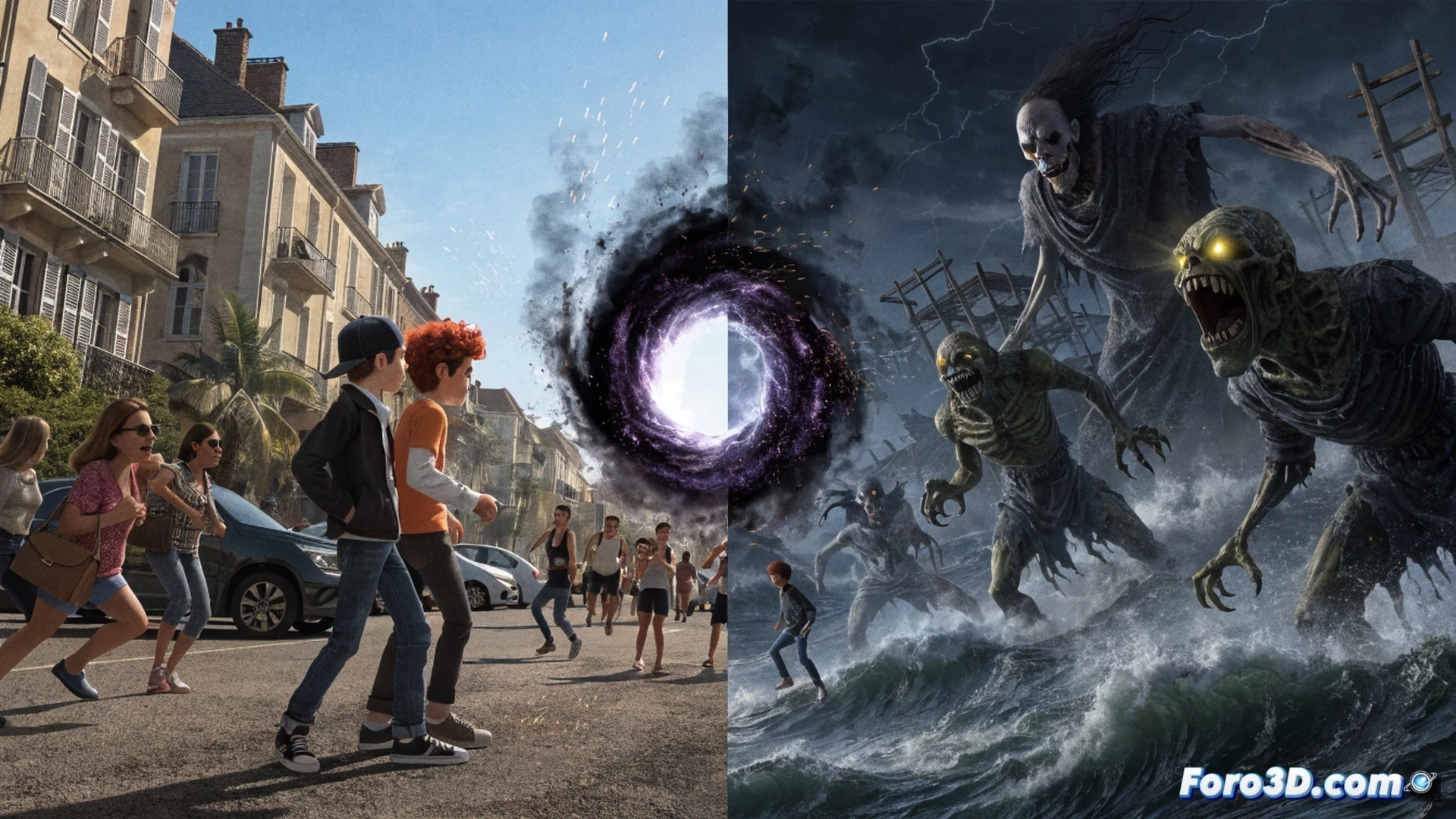 two cartoon friends opening a glowing red portal onto a sunny French beach town, beach umbrellas and empty deckchairs contrasting with a crowded boardwalk, tiny tourists streaming from a ferry while a shadowy monster emerges from the portal, cinematic animation style, vivid summer colors versus dark magical glow, characters mid-action with surprised expressions, detailed coastal architecture and seaside promenade, dramatic lighting from portal casting warm and cold tones, ultra-detailed cartoon rendering, photorealistic textures on sand and water, motion blur on tourist crowd, technical scene composition showing seasonal tourism contrast
