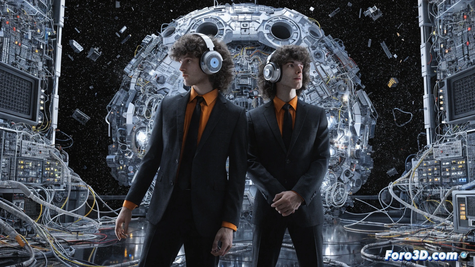 cinematic scene of two directors standing at a film editing console, hands manipulating a digital timeline on a large monitor, film reels and camera lenses scattered on the desk, a clapperboard with no text beside them, while a glowing projector beam illuminates a blank cinema screen behind, showing empty seats, dramatic blue and amber lighting, photorealistic technical visualization, ultra-detailed editing equipment, cables and audio mixers visible, cinematic film grain texture, high-contrast shadows, professional studio atmosphere
