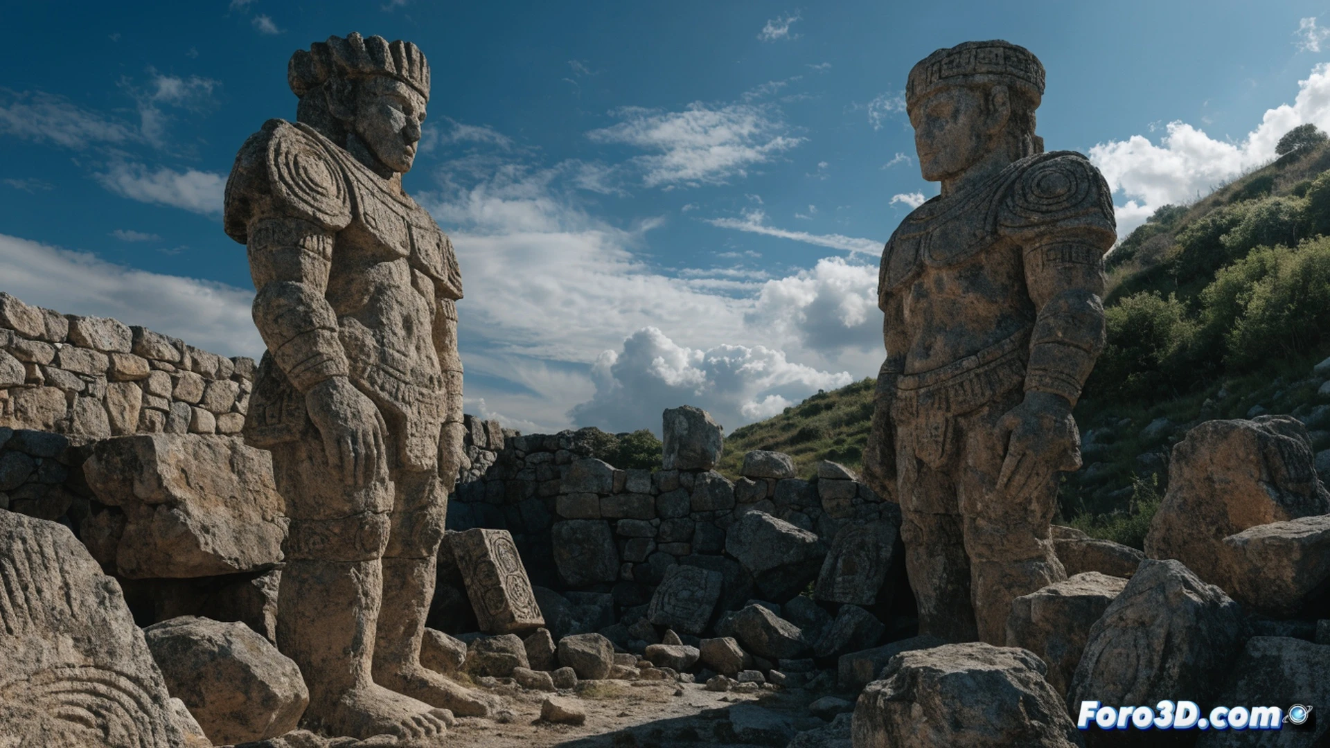 colossal stone warrior statues from Mont'e Prama being excavated by archaeologists in Sardinia, two-meter-tall nuragic figure with shield and sword partially buried in rocky soil, workers using brushes and trowels to uncover carved sandstone surface, golden afternoon sunlight casting long shadows across the excavation site, photorealistic archaeological documentary style, chisel marks visible on stone armor, dust particles floating in warm Mediterranean light, rugged limestone terrain in background, dramatic low-angle perspective emphasizing statue scale, ultra-detailed texture of weathered stone, cinematic atmospheric haze