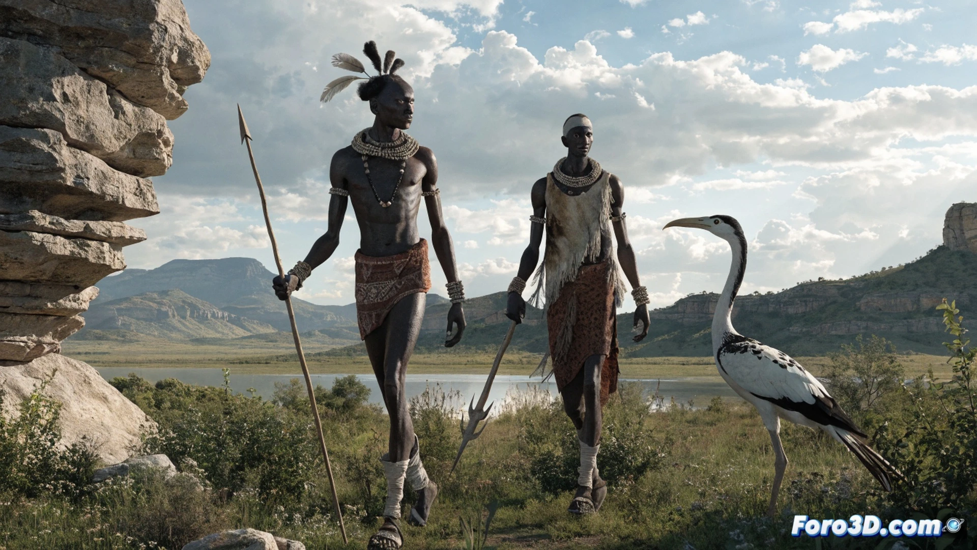 Robust Kiffian hunter-gatherers in green Sahara savanna, tall muscular figures spearing large fish in shallow lake, flint knives and bone harpoons visible, ritual burial scene with flexed skeletons in sand pit nearby, transition zone with dry cracked earth encroaching on lush vegetation, cinematic archaeological reconstruction, golden sunset lighting, photorealistic anthropological visualization, ancient human action demonstrating daily life and death rituals, ultra-detailed anatomical features and stone tool textures