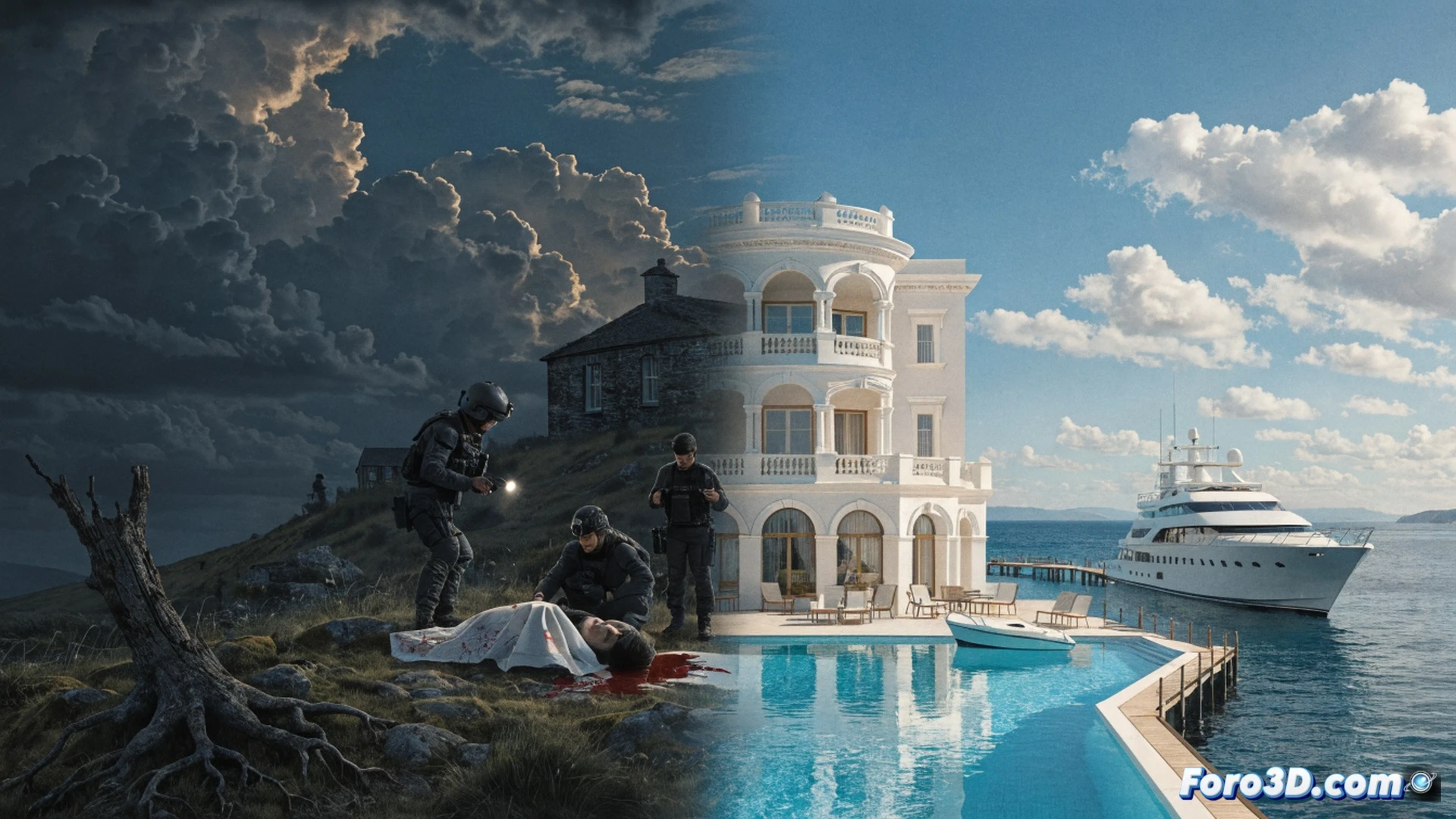 luxury yacht interior being dismantled by a digital forensic team, glowing tablet displaying encrypted financial data, scattered gold coins and a silenced pistol on a mahogany desk, a hidden safe door open revealing stacked documents, cinematic photorealistic style, dramatic shadows from overhead spotlights, ultra-detailed textures of leather and chrome, tense action moment during evidence analysis, rich color palette of deep blues and warm golds