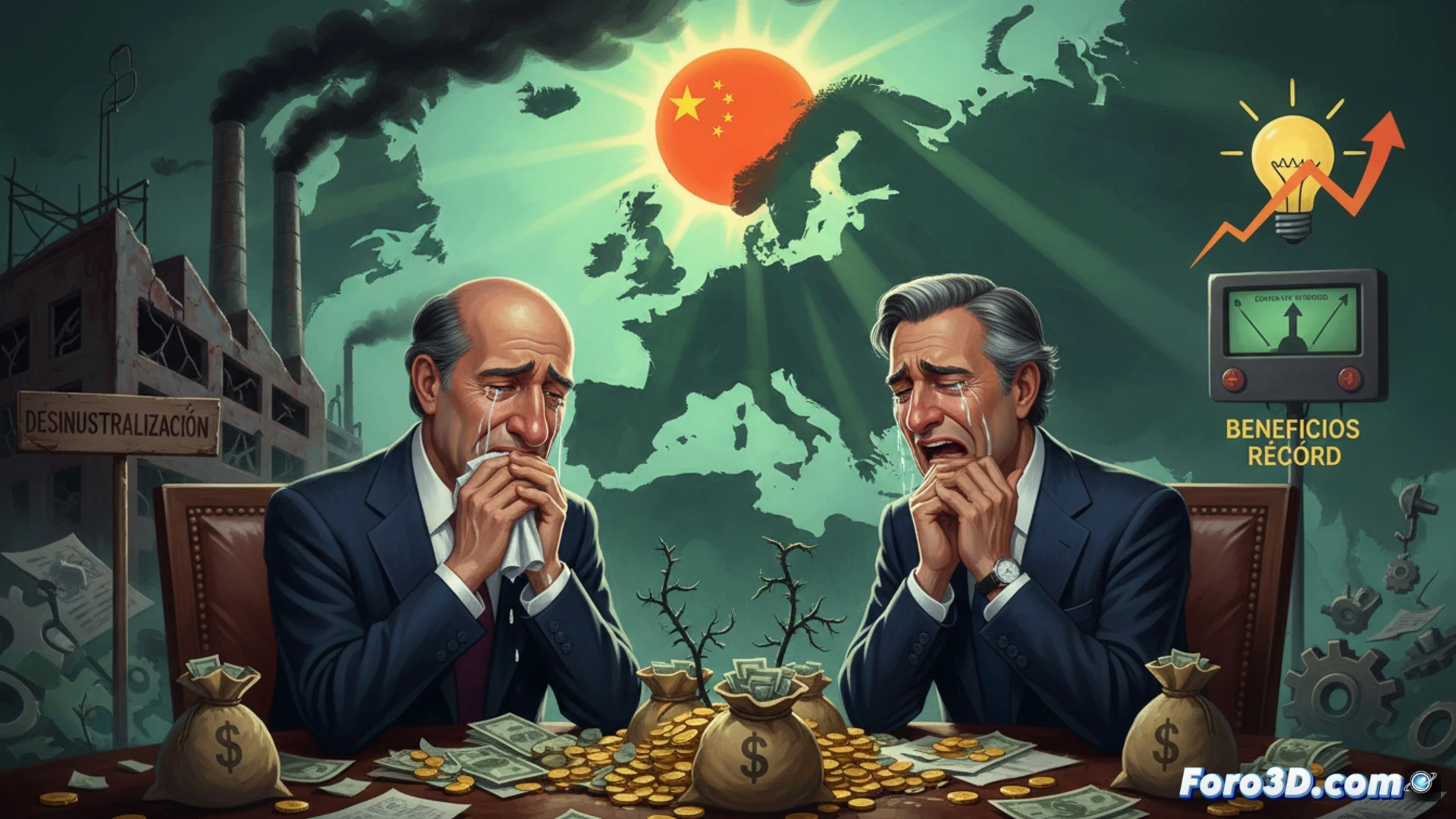 two corporate executives in suits wiping tears while holding oversized energy bills, a glowing European Union flag in background cracking like broken glass, a Chinese factory silhouette emitting black smoke without filters, a power plant turbine overheating with red warning lights, a stock market graph showing rising profits next to a plummeting thermometer labeled green policies, cinematic photorealistic engineering visualization, dramatic industrial lighting with cold blue and angry red tones, metallic surfaces reflecting distorted faces, ultra-detailed textures on documents and machinery, action of tears falling onto financial reports, demonstrating hypocrisy between environmental rhetoric and corporate greed, technical illustration style with precise mechanical components