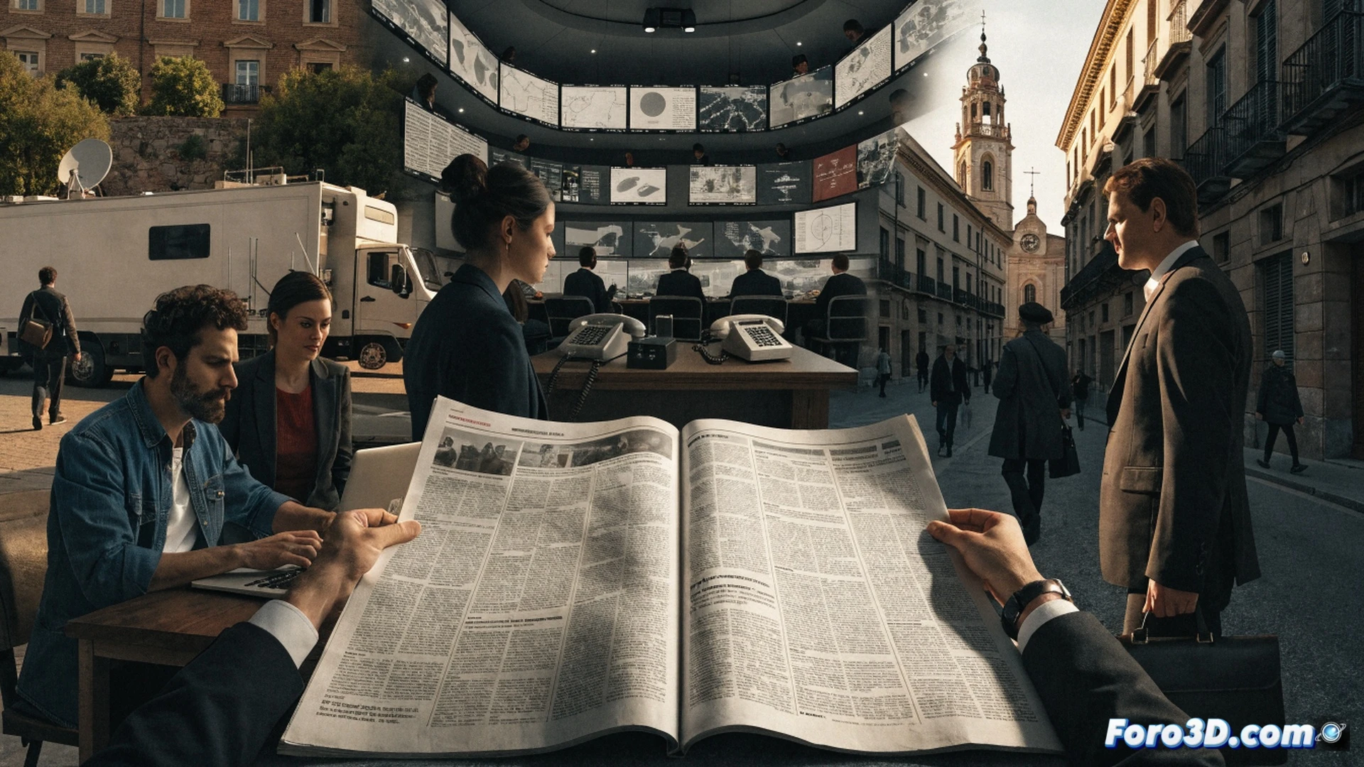 photorealistic scene of a diverse group of people gathered around a large digital map of Spain in a modern newsroom, glowing regional news logos floating above specific provinces, a person holding a smartphone displaying a local municipal service update, another person pointing at a tax change notification on a tablet, holographic shields with checkmarks hovering over regional media icons, while a shadowy figure with broken chain links representing fake news fades in the background, cinematic lighting, ultra-detailed screens, technical illustration style, clean metallic surfaces, soft blue and white ambient light
