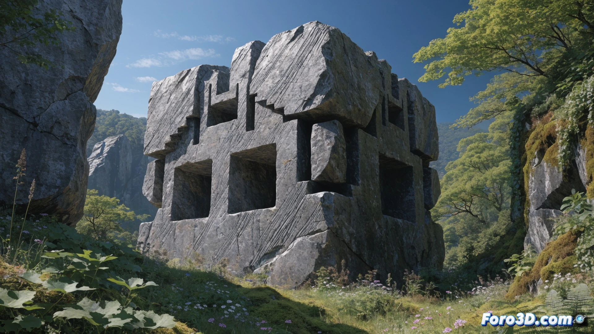 Masuda-no-iwafune granite monolith being precisely cut by a high-energy laser beam, two perfect square holes being carved into the 800-ton rock, laser system mounted on scaffolding above the stone, glowing cutting interface melting granite particles, workers observing from a distance, cinematic engineering visualization, dramatic shadows and intense bright laser light, photorealistic technical render, ultra-detailed rock texture, sharp geometric cuts contrasting with natural stone surface, industrial construction lighting, mist of vaporized rock particles floating in the air