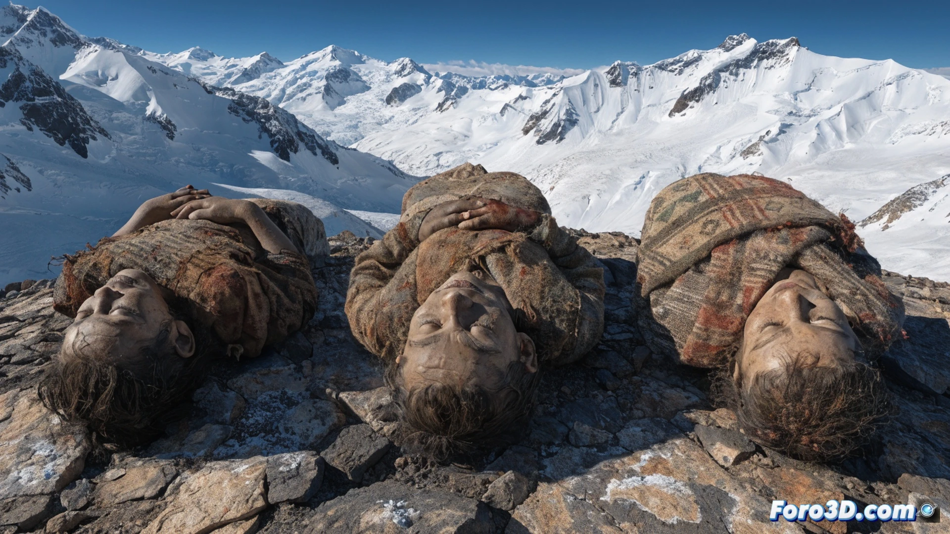 Tres niños incas momificados arrodillados en posición fetal en la cima nevada del volcán Llullaillaco, cuerpos congelados mostrando tejidos y órganos intactos durante el ritual capacocha, un arqueólogo con casco frontal y cámara termográfica escanea el torso de un niño mientras otro usa un bisturí de precisión para extraer una muestra de tela, viento levantando partículas de hielo alrededor, fondo de cielo tormentoso sobre los 6.700 metros, iluminación cruda de alta montaña, estilo cinematográfico hiperrealista con texturas de piel conservada y detalles de herramientas científicas, profundidad de campo dramática, render fotorrealista técnico.