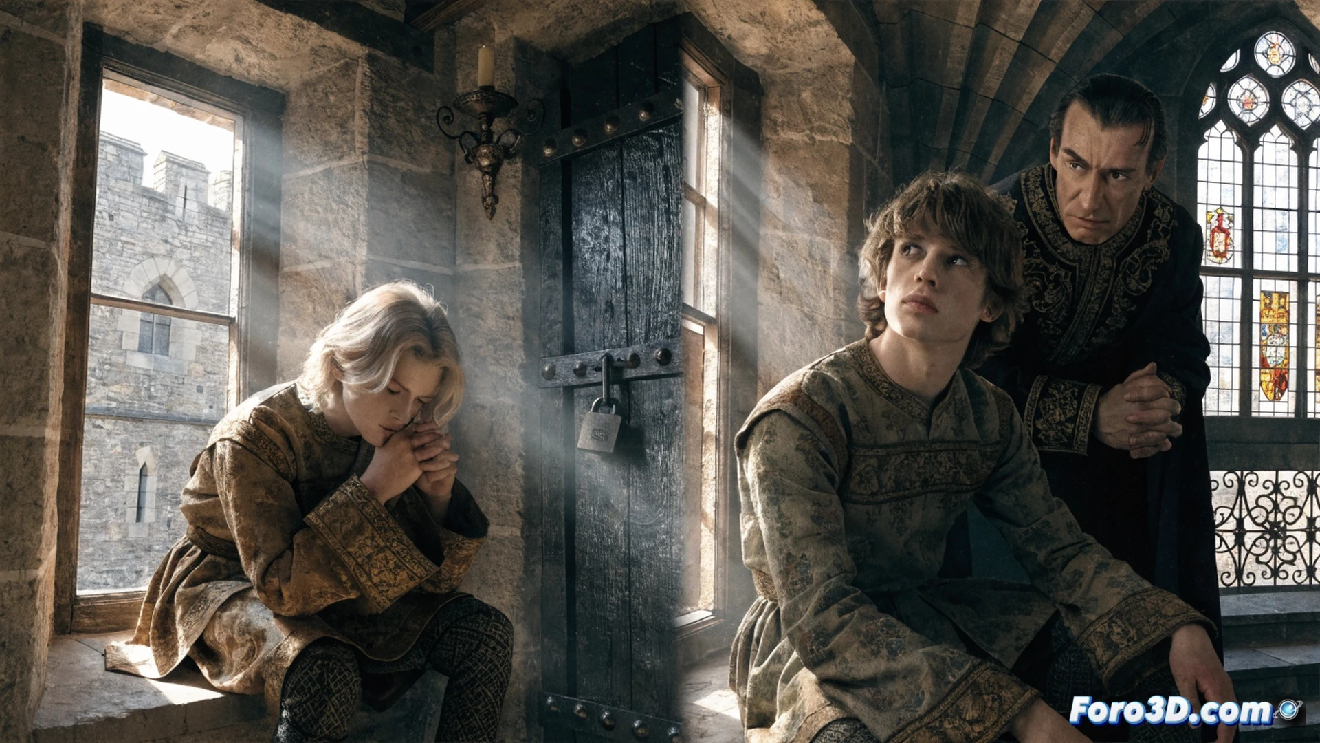 Cinematic photorealistic scene inside a medieval stone tower chamber, two young boys in royal attire huddled near a cold stone wall, a heavy iron door slightly ajar, a shadowy figure in dark armor holding a torch while placing a small wooden box on a table, flickering candlelight casting long shadows over worn stone steps, dust particles floating in the dim light, ancient iron hinges and lock mechanisms visible, dramatic chiaroscuro lighting, dark gothic atmosphere, high-contrast shadows, ultra-detailed stone textures, historical medieval architectural visualization, tense silent action, photorealistic historical crime scene render