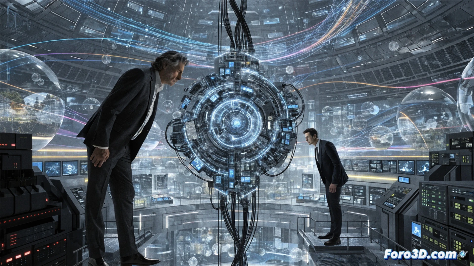 Brothers Russo standing in a high-tech Marvel control room, holographic multiverse threads glowing in mid-air, chaotic timeline fragments being spliced into a single coherent stream, massive circular digital interface showing overlapping universe maps, cinematic technical illustration, intense blue and orange lighting, holographic data streams connecting scattered story nodes, photorealistic render, futuristic command center with transparent displays, action of hands manipulating floating timeline strands, dramatic shadows, ultra-detailed sci-fi equipment