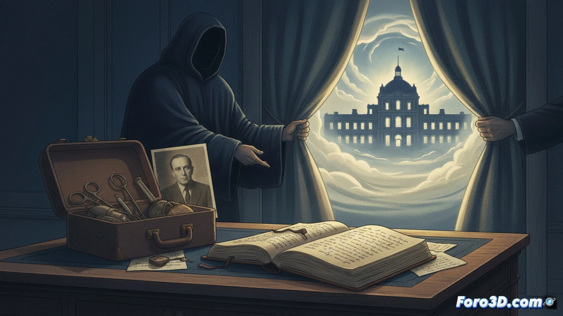 French presidential medical report being stamped with secret classification, gloved hands placing documents into a locked steel briefcase, vintage 1970s office setting, medical examination tools visible on the desk, stethoscope and blood pressure monitor, shadowy figure of a president seen through a half-open door, dramatic chiaroscuro lighting, photorealistic historical documentary style, aged paper textures, brass desk lamp casting warm light, confidential folder with red wax seal, cinematic composition, shallow depth of field, ultra-detailed period furniture, realistic 1970s decor elements