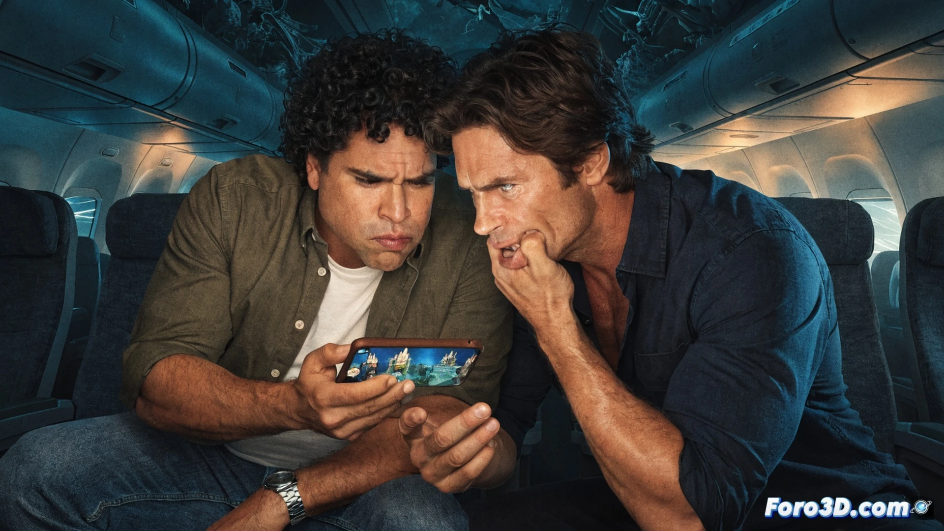 two actors seated in airplane cabin during sudden turbulence, coffee cups tilting mid-air, overhead compartments slightly open, digital smartphone screen glowing on tray table showing puzzle game interface with glowing gem icons, vintage-style airplane window showing dark storm clouds, nostalgic cinematic lighting with warm amber tones, photorealistic style, dramatic shadow across leather seats, hands gripping armrests during jolt, subtle motion blur on loose items, technical recreation of pressurized cabin interior, detailed seatbelt buckles and overhead console buttons, nostalgic film grain texture