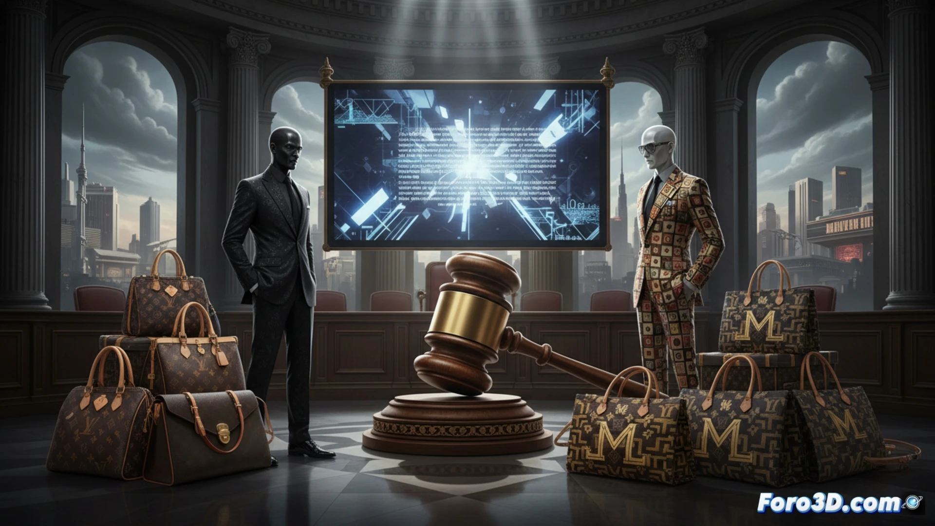 photorealistic scene of a luxury handbag production line halting mid-process, counterfeit LV-style tote bags and backpacks piled on a casino gift shop counter, a forensic examiner using a magnifying loupe and UV light to inspect monogram canvas patterns, digital price tags reading 2M dollars glowing on a holographic evidence screen, casino slot machines blurred in background, dramatic courtroom-style lighting, metallic counterfeit hardware scattered, detailed textile weave analysis visible, cinematic legal investigation visualization