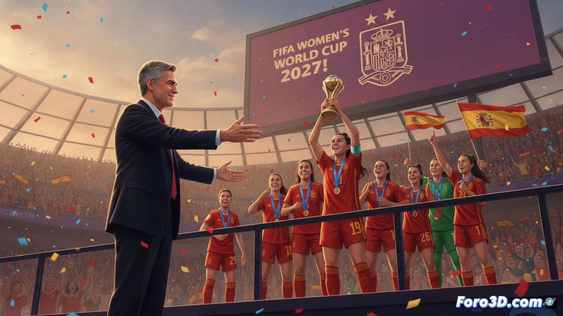 Spanish women's national football team celebrating World Cup qualification with raised arms and smiles on a rain-soaked pitch, federation president Rafael Louzán in a suit clapping from the sideline, stadium floodlights illuminating the scene, players wearing red jerseys with modern fabric texture, confetti falling during the celebration, photorealistic sports photography style, dramatic golden hour lighting mixed with stadium lights, motion freeze of jumping players, detailed grass blades with water droplets, high contrast dynamic range, cinematic composition with wide-angle lens effect, emotional victory moment captured