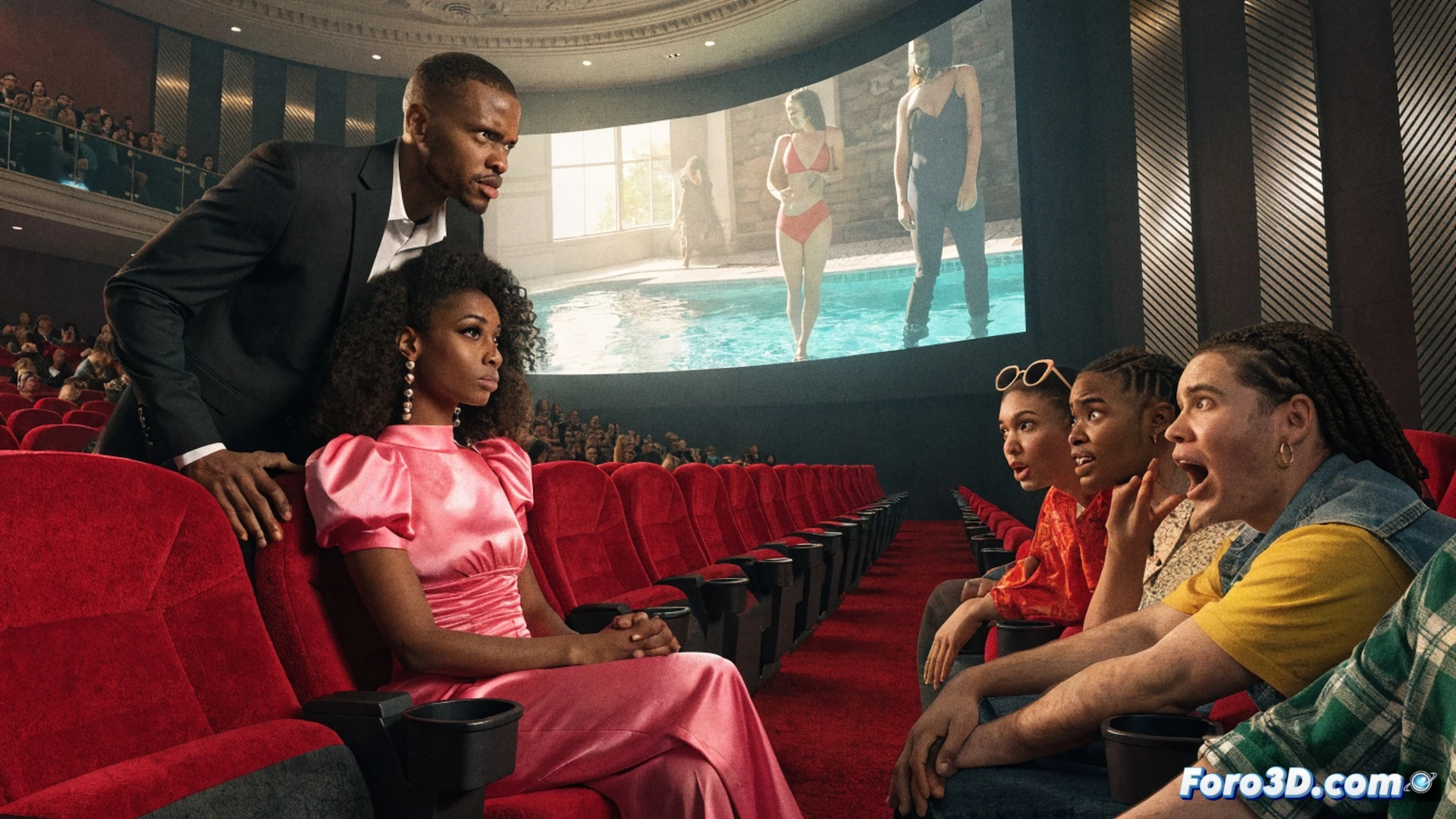 Love Island USA screening event, cinema projector beam cutting through dark auditorium, audience silhouettes reacting dramatically while a couple separation scene plays on massive screen, popcorn containers floating upward during a collective gasp moment, red velvet seats with armrests glowing under emergency exit light, cinematic photorealistic render, wide-angle lens capturing both screen emotion and crowd reaction, 4K texture on screen image showing tears and confrontation, warm amber light mixing with cool blue screen glow, ultra-detailed audience facial expressions, dramatic theatrical atmosphere