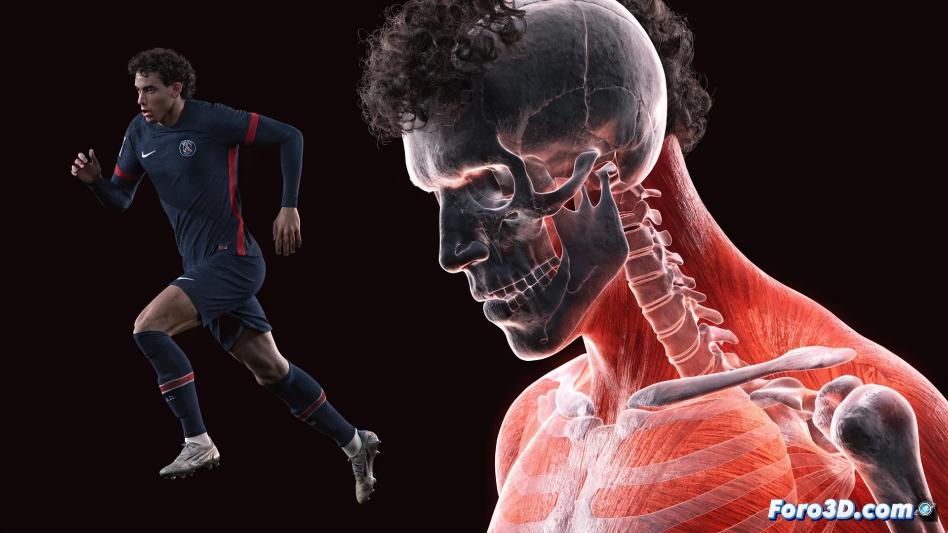 Lucas Hernández en acción defensiva 3D, mostrando tackle deslizante con pierna extendida sobre césped mojado, cuerpo en tensión muscular máxima mientras balón es interceptado, análisis biomecánico con líneas cinéticas de fuerza en piernas y torso, overlay de datos de velocidad de reacción y mapa de calor táctico, render fotorealista con iluminación de estadio nocturno, textura de piel sudorosa y tela del uniforme del PSG, fondo con gradas borrosas y arco de VAR, estilo cinematic technical illustration, profundidad de campo reducida