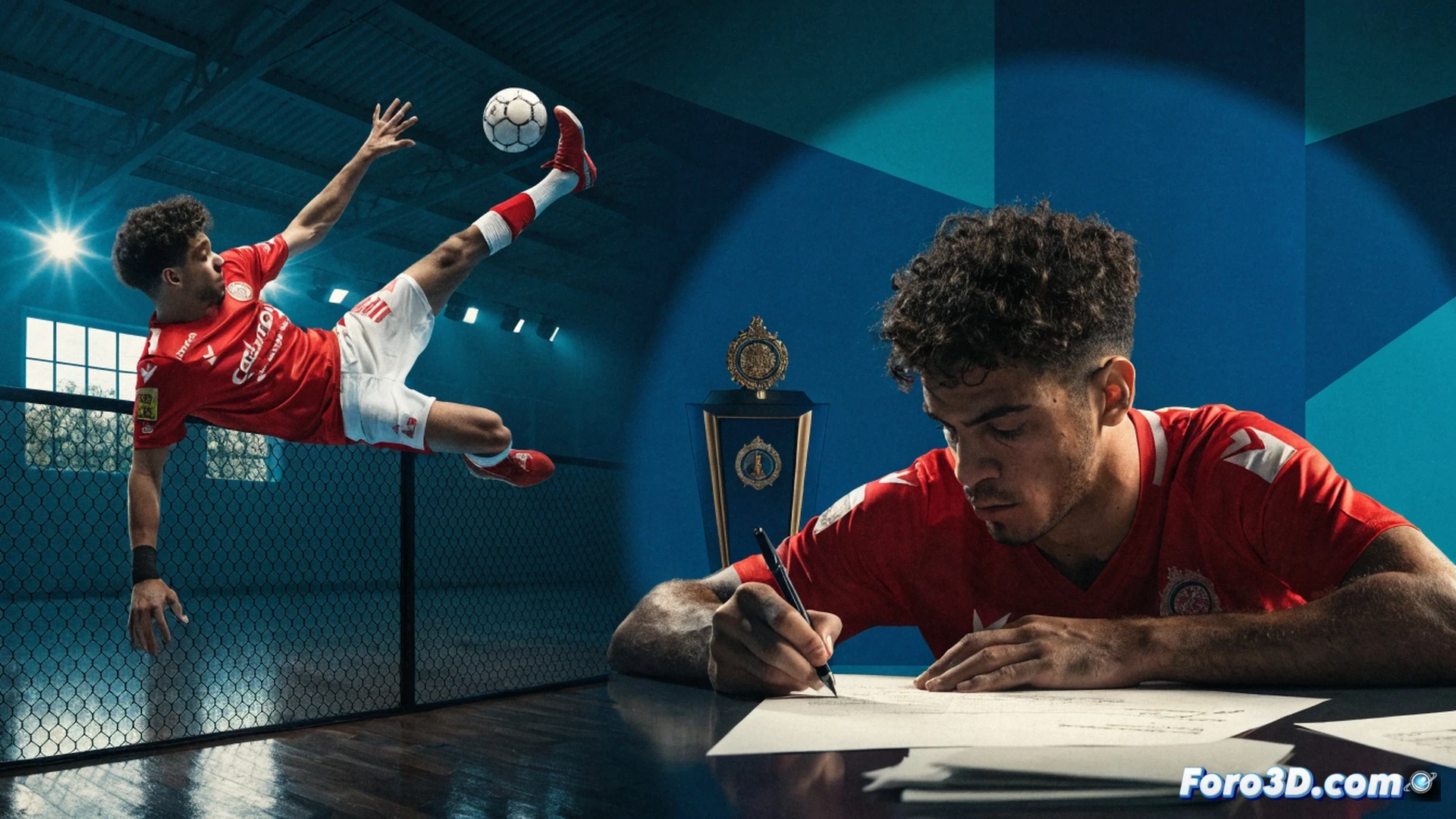 Palma Futsal player Lucas Machado in dynamic action pose, mid-kick with ball trajectory lines, surrounded by schematic tactical diagrams showing positional flexibility arrows, worn futsal court texture underfoot, glowing renewal contract hologram floating beside him with 2027 date projected, technical blueprint overlay of knee brace and muscle strain recovery indicators, cinematic sports visualization, dramatic arena lighting with spotlight effect, photorealistic digital art, high contrast shadows on jersey fabric, motion blur on kicking leg, ultra-detailed sweat droplets and shoe grip pattern