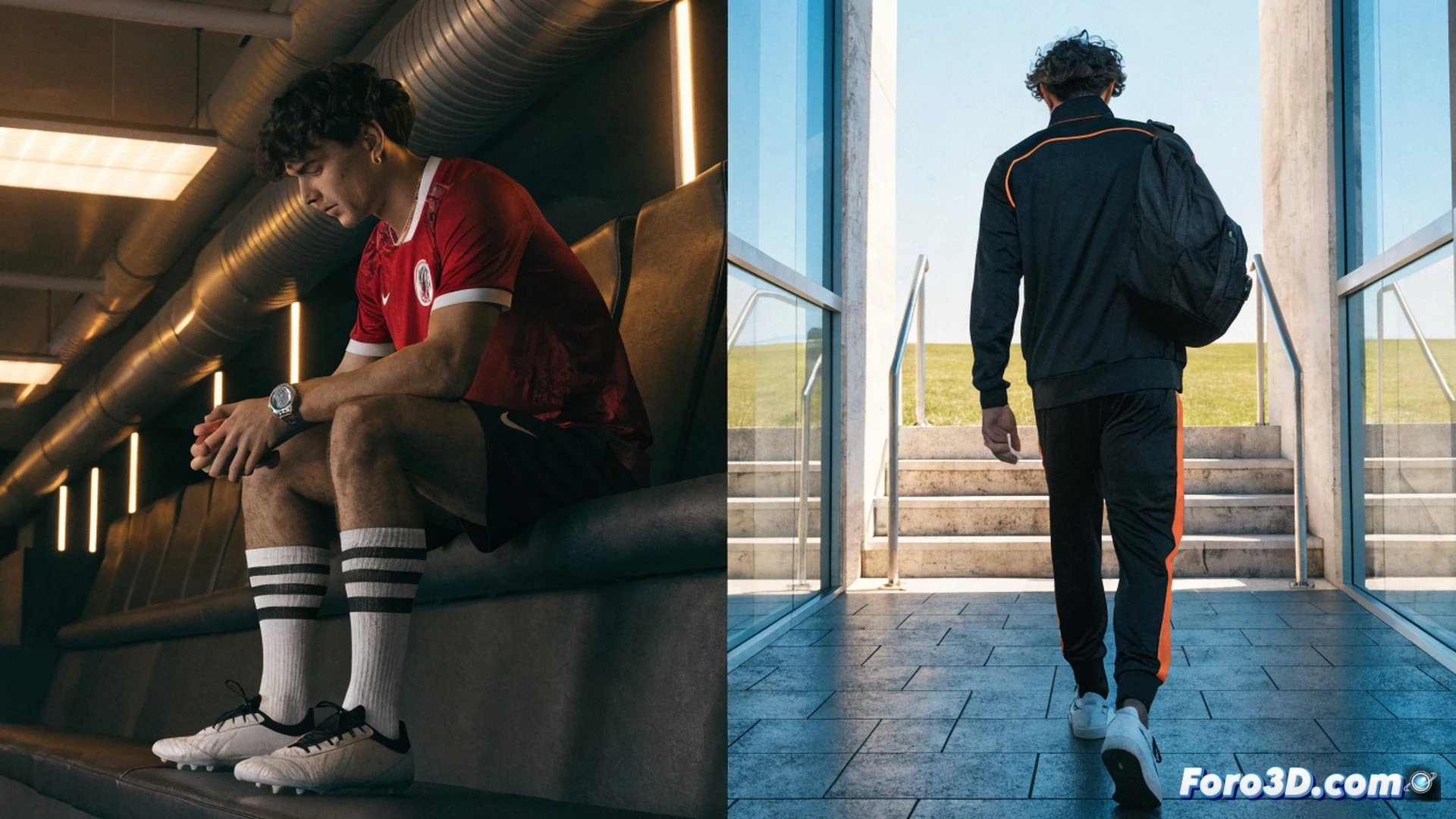 futbolista Lucas firmando un contrato sobre un escritorio minimalista, mientras una silueta de Leo Llanos se desvanece en un fondo de gradas vacías, engranaje metálico con un diente roto sobre el campo, plano técnico de plantilla con una pieza extraída, estilo cinematic photorealistic, iluminación de estadio al atardecer, sombras alargadas, textura de césped y césped artificial, representación visual de transición de plantilla