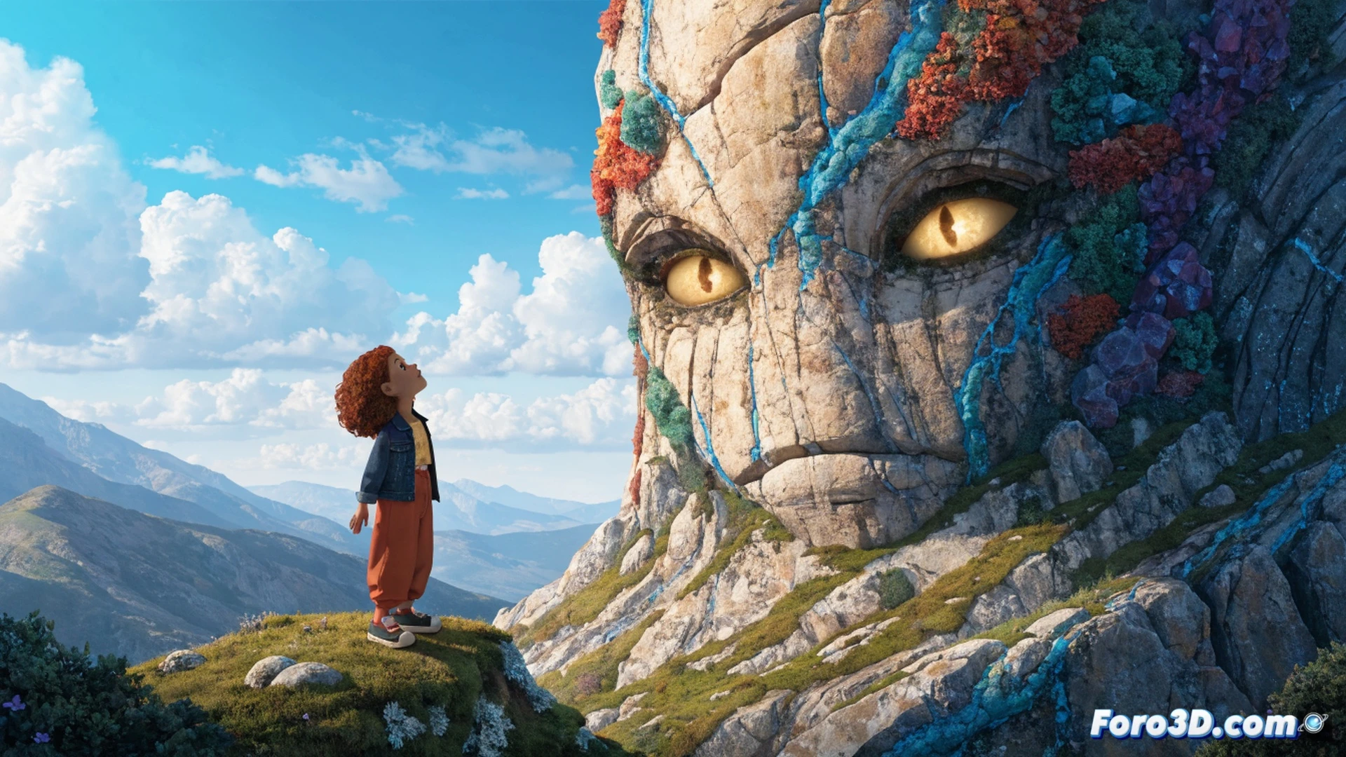 young girl with dark curly hair sitting cross-legged on grassy hill, giant smooth gray rock beside her, both facing a small glowing seedling sprouting from crack in stone, girl’s hand gently touching the seedling while rock’s surface shows subtle warm light patterns, cinematic children’s animation style, soft golden sunset lighting, shallow depth of field, warm earthy color palette, lush green meadow background, photorealistic 3D render, emotional storytelling composition, showing empathy and discovery in nature