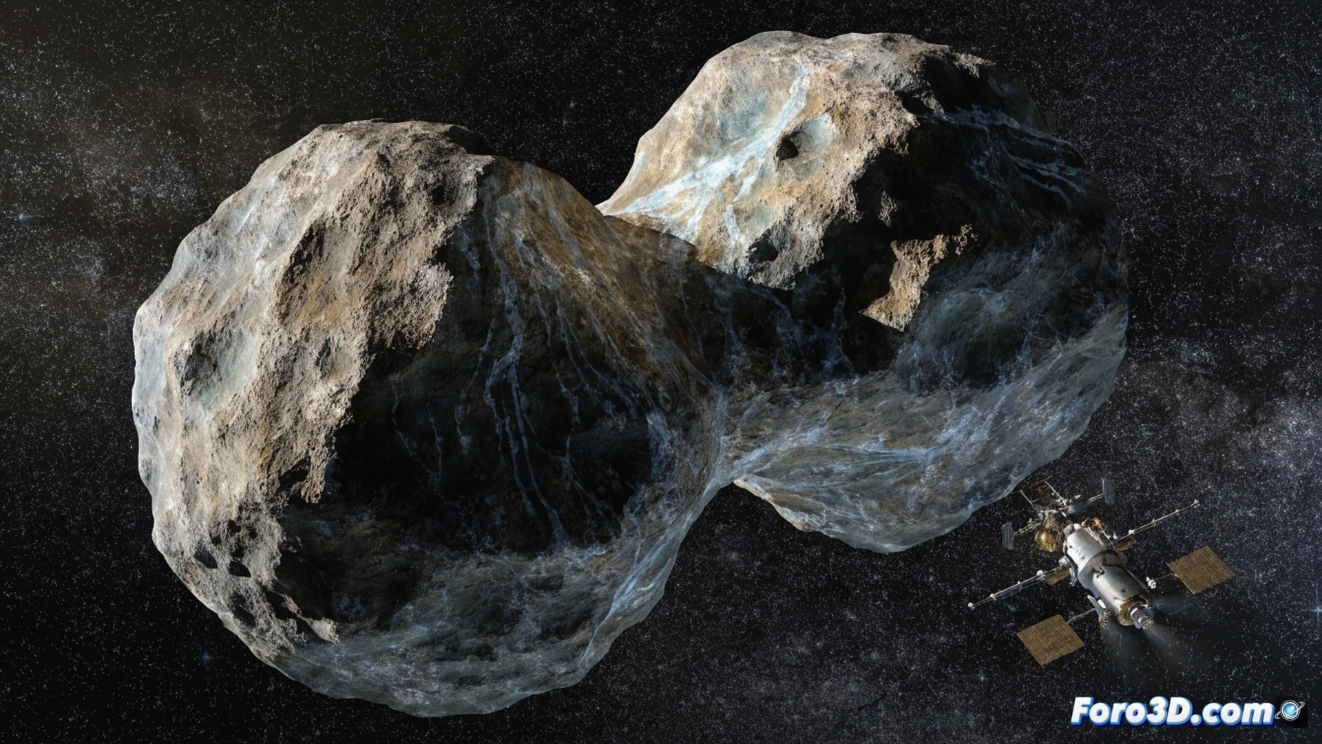 asteroid with dumbbell shape tumbling through space, surface showing water-formed mineral veins glowing faintly blue, Lucy spacecraft approaching with solar panels extended, onboard spectrometers emitting scanning beams across the rocky surface, debris particles drifting in microgravity, chaotic rotation visible as blurred motion streaks, deep space starfield background, cinematic photorealistic engineering visualization, dramatic side lighting from distant sun, ultra-detailed rock textures with crystalline inclusions, realistic NASA mission aesthetic