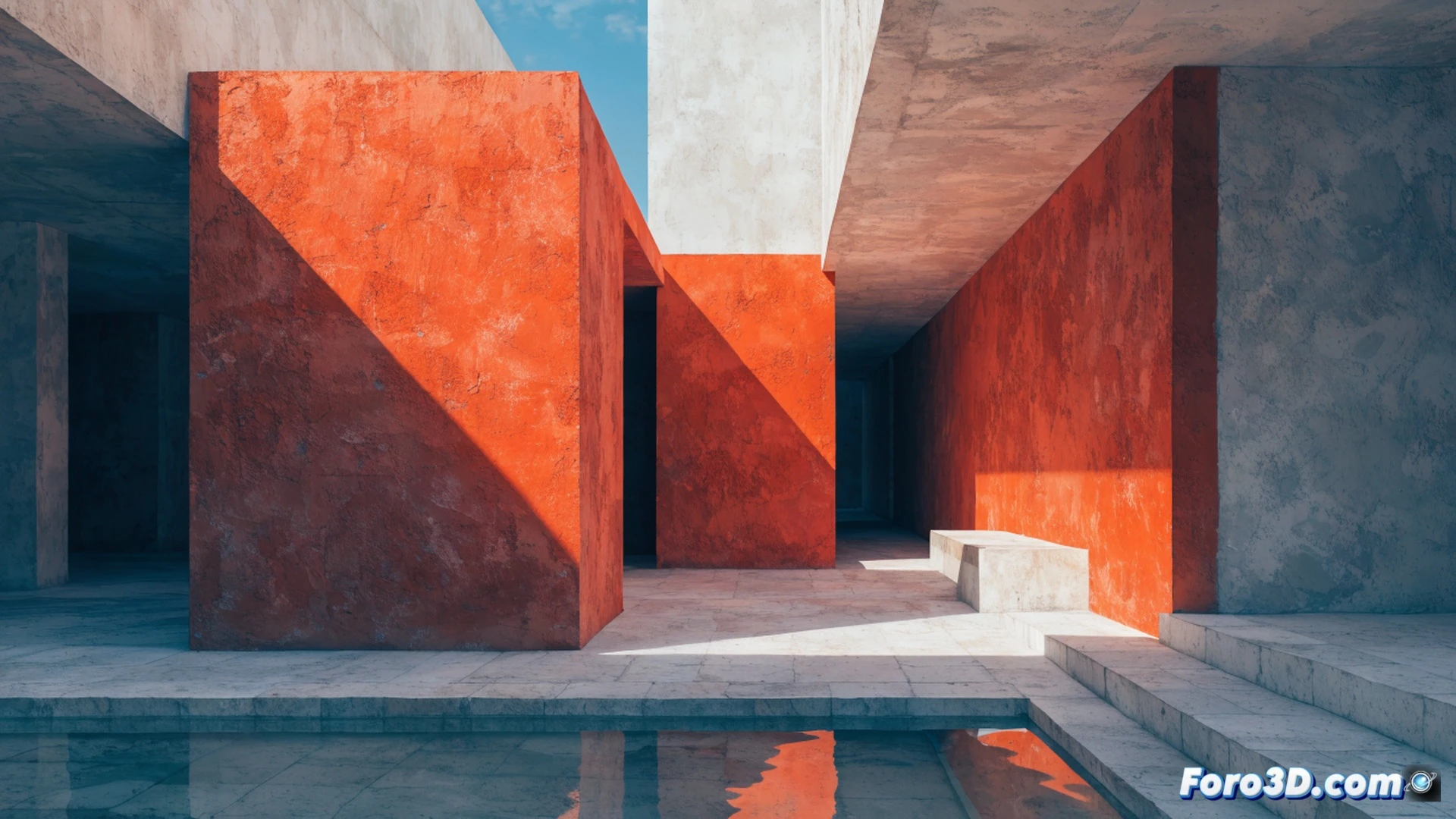 cross-section of a traditional Mexican house showing thick ochre walls absorbing midday sun while deep magenta and orange planes cast cool shadows across a courtyard, a family sitting in the shaded patio feeling relief without air conditioning, sunlight hitting a water fountain creating evaporative cooling effect, cinematic architectural visualization, warm terracotta tones contrasting with dark violet shadows, volumetric light rays through a high window, rough plaster textures, minimal furniture, photorealistic technical render with thermal comfort emphasis