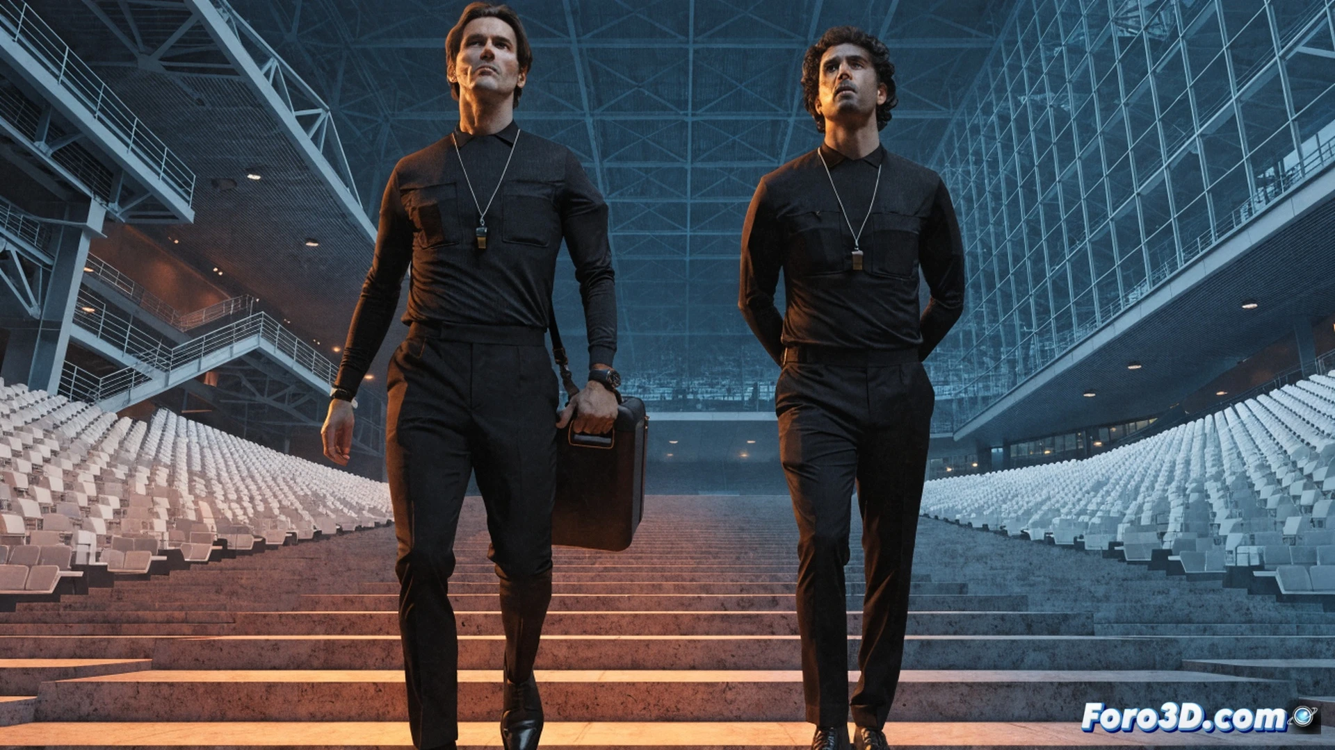 two spanish football referees in black uniforms standing on a green pitch during a match, one holds a yellow card while the other points toward the goal, dramatic stadium floodlights casting long shadows, photorealistic sports photography style, dynamic action pose, referee communication gesture, crowd blurred in background, high contrast lighting, detailed fabric textures, professional football atmosphere, cinematic wide-angle shot