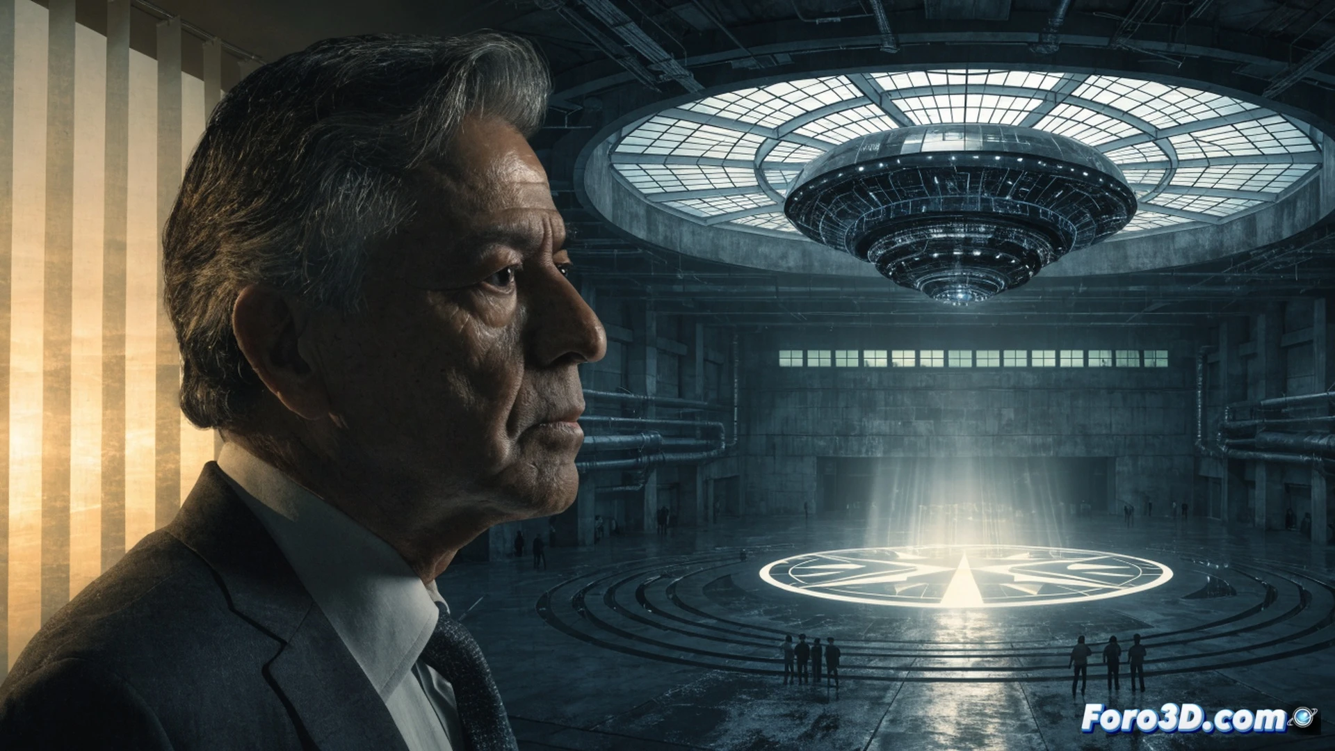darkened pentagon briefing room, a man in a suit standing before a holographic display showing a tumbling metallic UAP with no visible propulsion, engineers analyzing real-time sensor data on multiple monitors, radar waveforms and infrared heat signatures overlaying the object, classified documents scattered on a conference table, cinematic photorealistic technical illustration, dramatic low-key lighting from screens, intense focus on the object trajectory, glowing data lines and spectral analysis graphs, ultra-detailed facial expression of concentration, military-grade hardware visible, high-contrast shadows and highlights