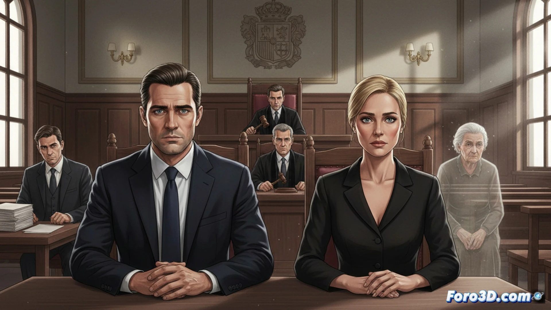 Cinematic courtroom scene showing an elderly person's bank documents and legal papers being manipulated by two figures, one holding a tablet displaying financial accounts while the other reviews a will document, surrounded by chains symbolizing isolation and control, a gavel and law books in the foreground, photorealistic technical illustration, dramatic chiaroscuro lighting, cold institutional colors, ultra-detailed textures on paper and metal, forensic evidence markers on scattered documents, high-angle shot emphasizing vulnerability, realistic legal environment render