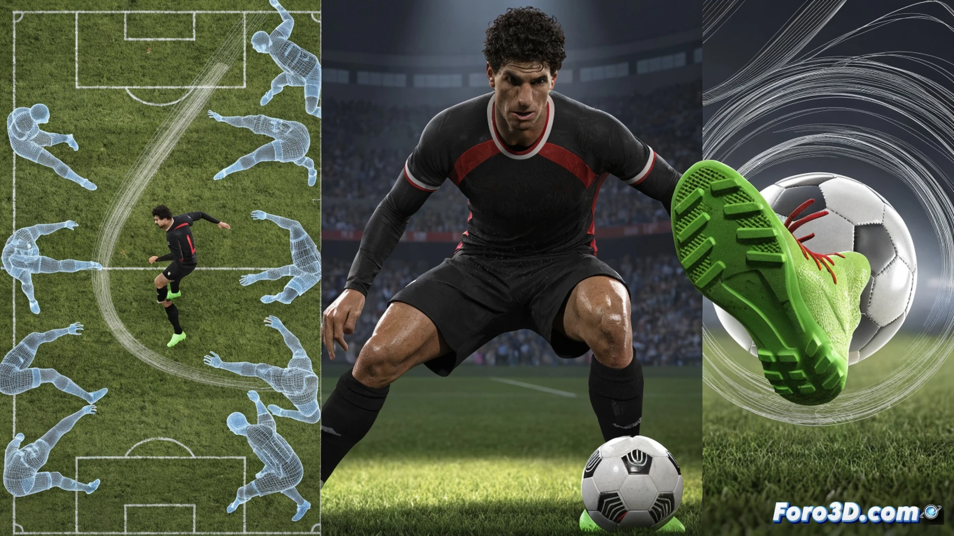 three-dimensional holographic analysis of a striker positioning inside penalty area, semi-transparent skeletal wireframe showing body torque and balance, red force vectors indicating shoulder-to-shoulder contact strength, glowing trajectory lines from ball to goal during shooting motion, technical biomechanics visualization, isometric view of player generating power from hip rotation, blue muscle activation highlights on thighs and core, virtual camera system tracking movement zones, dark studio background with grid floor, cinematic engineering render, photorealistic human anatomy with translucent overlays, dramatic rim lighting on tactical boots and shin guards