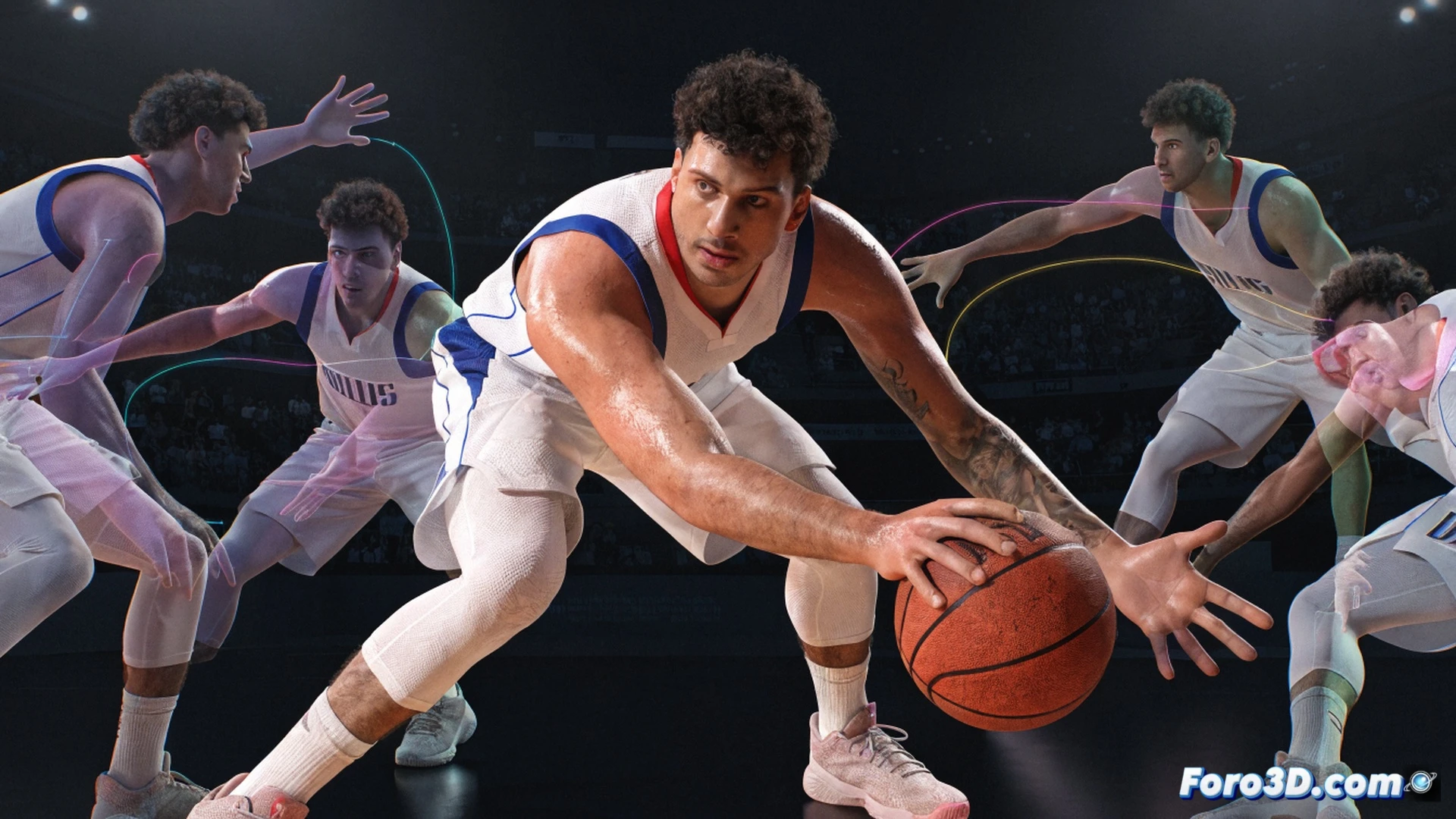 Basketball court at night, Luka Doncic in slow motion mid-step back, defender frozen off-balance, glowing 3D trajectory lines tracing the ball path from his hand to open teammate, translucent spatial grid mapping player positions and distances, holographic clock showing shot clock countdown, technical engineering visualization, cinematic volumetric lighting, blue and gold team colors, ultra-detailed sneaker grip on polished wood floor, photorealistic sports biomechanics render