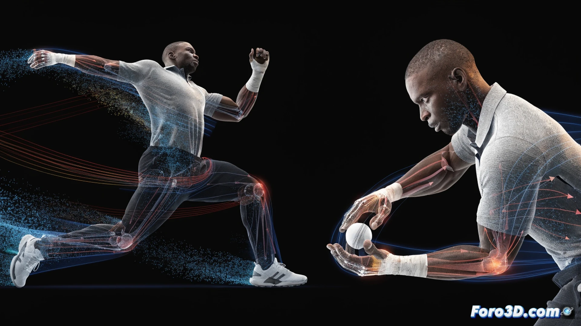 biomecánica 3D de Lungi Ngidi en acción de lanzamiento, zancada amplia con rotación de cadera generando velocidad, muñeca firme y brazo en posición alta creando rebote incómodo, sobre superficie rápida de cricket, modelo esquelético y muscular semitransparente superpuesto, líneas de fuerza y vectores de movimiento en naranja y azul, herramientas de análisis biomecánico como sensores de movimiento y plataforma de fuerza visibles, fondo oscuro de laboratorio con pantallas mostrando gráficos de torque y velocidad angular, estilo cinematic technical illustration, iluminación dramática de estudio, texturas metálicas y digitales, render fotorrealista con alta nitidez en detalles articulares