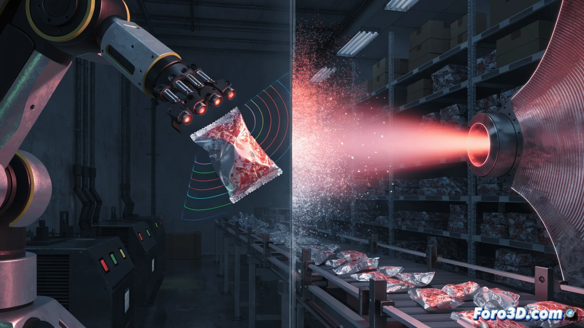 industrial robotic arm malfunctioning on food packaging line, infrared light beam crossing the workspace disrupting 3D depth map projection, optical sensor array flickering with false depth readings, conveyor belt with misaligned food packages, robotic gripper missing target position, holographic point cloud visualization showing distorted spatial data, cyber-physical attack concept, cinematic engineering visualization, dark factory interior with emergency red warning lights, metallic surfaces reflecting infrared glow, ultra-detailed mechanical joints and wiring, photorealistic technical illustration
