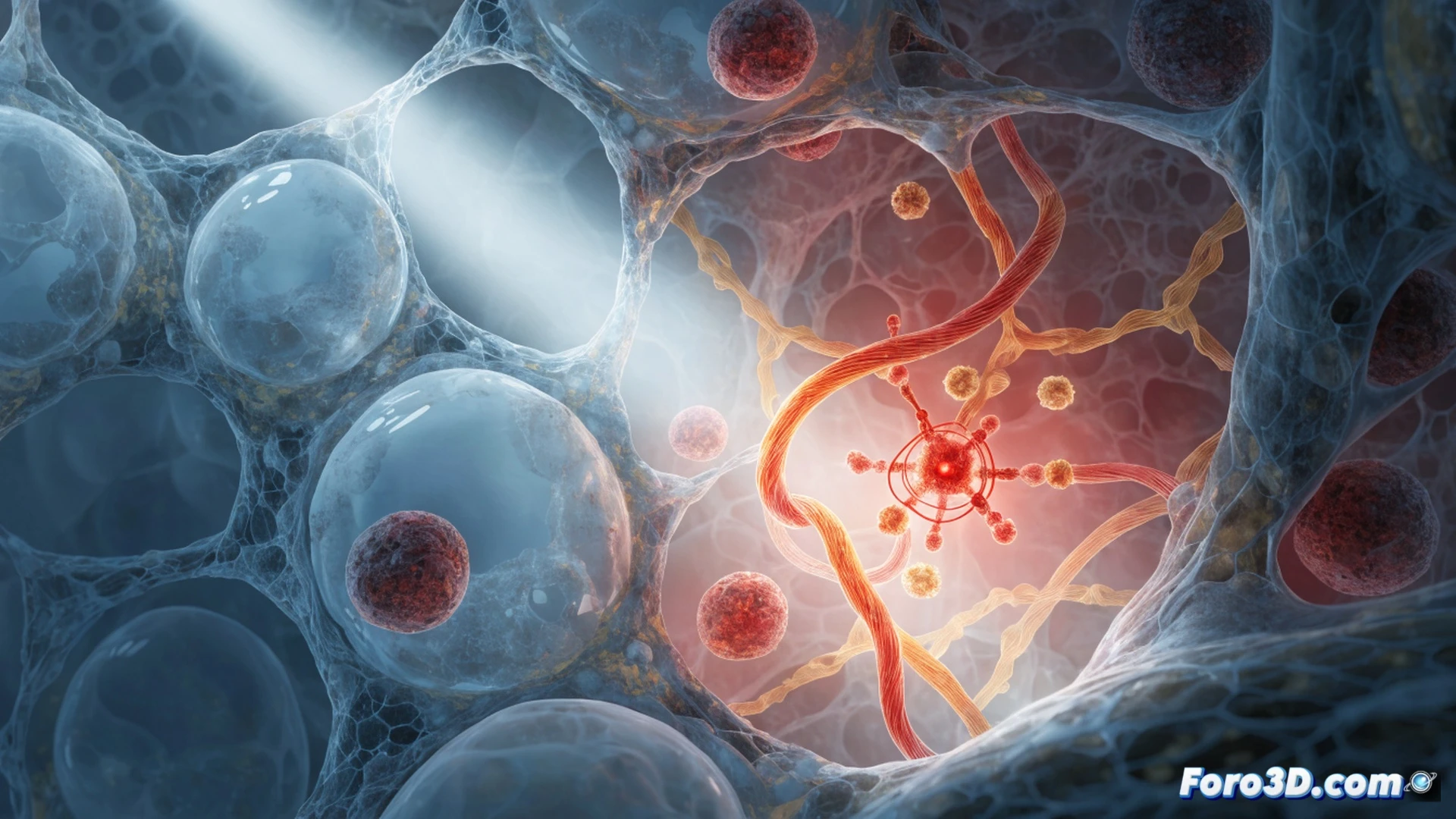 photorealistic medical visualization, lung cancer tumor tissue with dormant cells glowing faintly blue, molecular light-activated switch injecting golden photon beams into sleeping cells, cells awakening with bright green fluorescence, hormone stress receptors being selectively detached from tumor surface by nanoscale robotic arms, surrounding healthy lung alveoli remaining dark and untouched, macro lens perspective inside bronchial tube, cinematic bioluminescent lighting, ultra-detailed cellular structures with lipid membranes and nuclei, soft depth of field on activated cells, technical illustration style with translucent overlays showing molecular process, dramatic contrast between dormant and activated cells