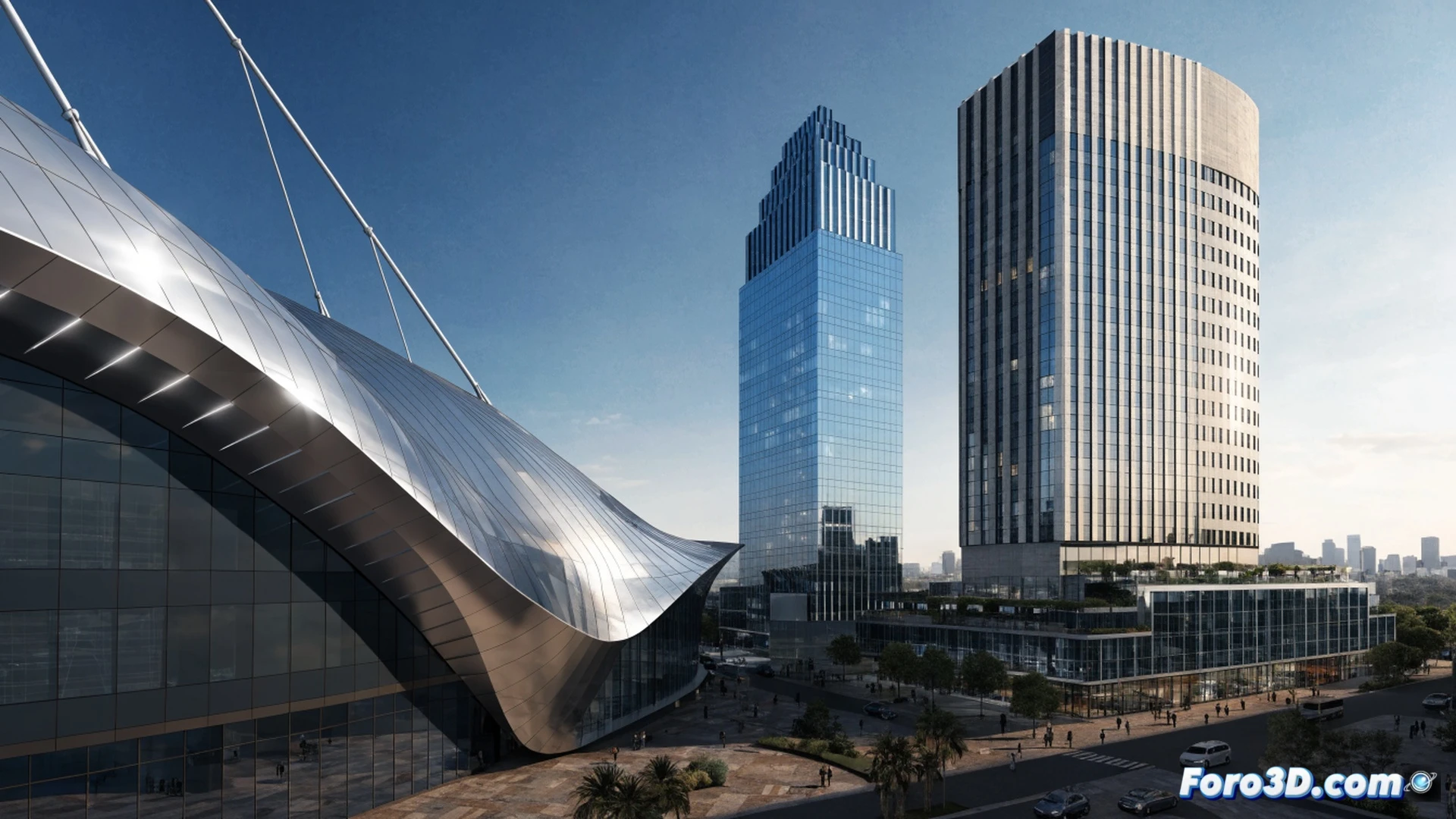 nuevo estadio de Valencia al fondo, dos torres gemelas en construcción con grúas elevando paneles de vidrio y acero, trabajadores instalando fachadas técnicas, hotel y centro comercial emergiendo, maquinaria pesada moviendo materiales, ingenieros revisando planos digitales en tablets, sol mediterráneo iluminando la obra, entorno urbano vibrante, estilo cinematográfico fotorrealista, render técnico de ingeniería civil, detalles nítidos de estructuras metálicas y hormigón, acción de construcción en progreso