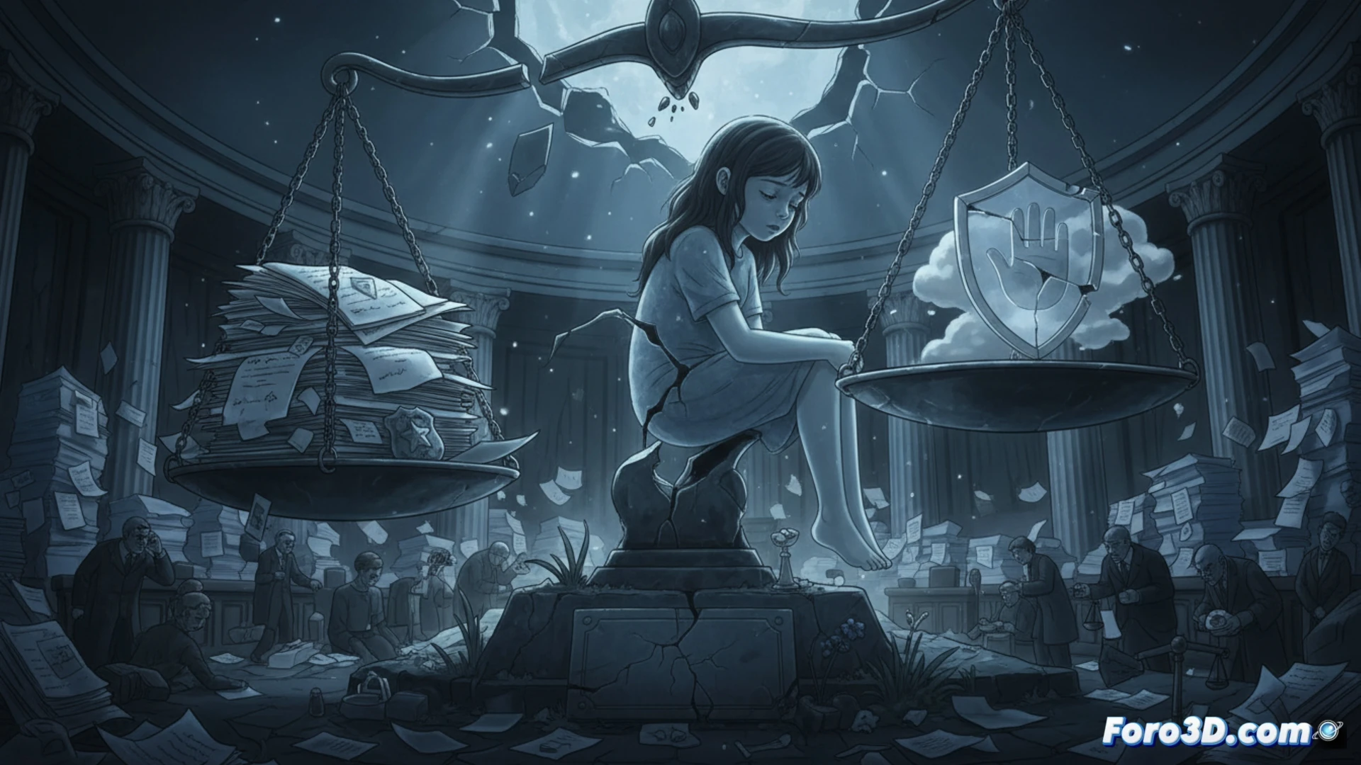 photorealistic cinematic scene of an overworked judge's desk in a cramped French courtroom, stacks of case files overflowing onto the floor, a single child protection order document buried under a mountain of folders, a cracked gavel lies unused beside a dusty computer monitor showing an overloaded case management system, dim fluorescent lighting casting long shadows, exhausted clerk sorting papers in background, dramatic chiaroscuro highlighting the neglected minor protection file, ultra-detailed textures of worn wood and scattered legal forms, technical engineering visualization style