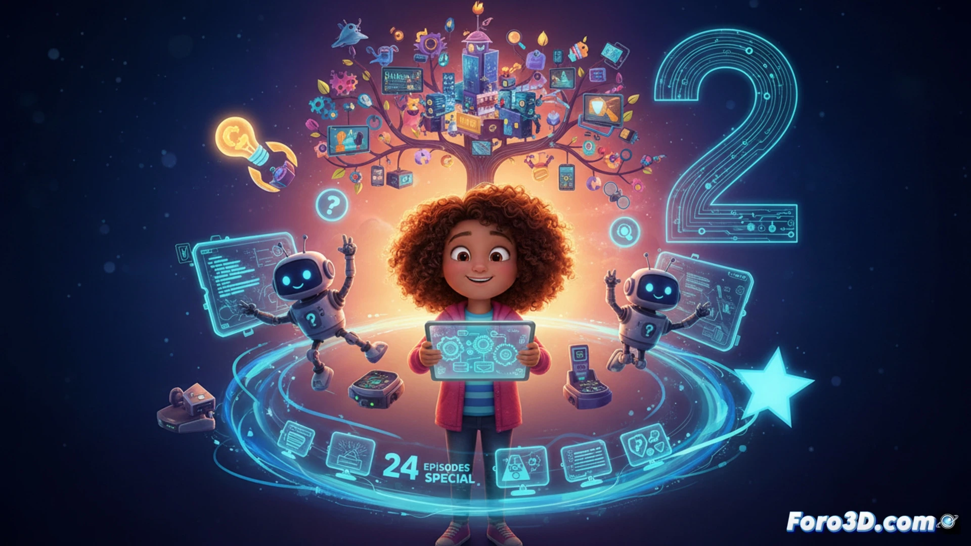 Lyla sonríe frente a una pantalla táctil, rodeada de bloques de colores y engranajes, mientras su amigo robot la observa.