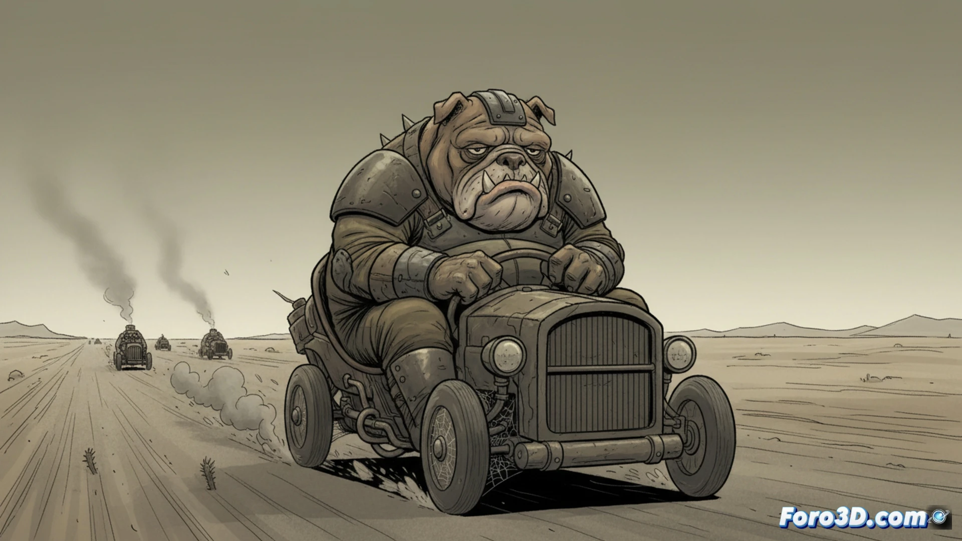 monster truck race starting line gridlock, oversized tires spinning but stuck in mud, dust clouds barely moving, engines idling with no forward motion, creature drivers looking bored inside cockpits, control panels flickering with error lights, track barriers intact showing no damage, cinematic technical illustration, muted gray and orange industrial lighting, flat tire textures, stalled mechanical components, static aerodynamic fins, photorealistic engineering visualization highlighting lack of action