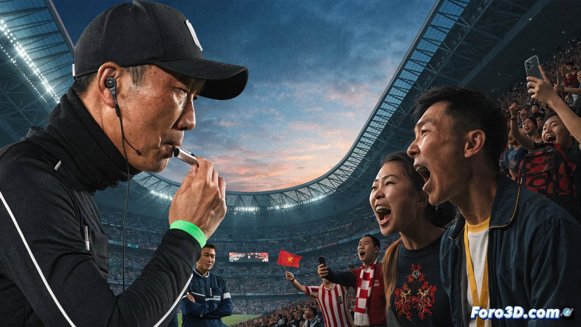 Árbitro chino Ma Ning en acción durante el Mundial 2026, mostrando tarjeta amarilla a un jugador de Curazao mientras jugador de Ecuador protesta, marcador electrónico mostrando 0-0, estadio lleno con banderas chinas ondeando en las gradas, cámara de transmisión con lente teleobjetivo capturando la escena, mesa técnica con tablet y monitor mostrando repetición en tiempo real, estilo cinematográfico photorealistic, iluminación de estadio nocturno, tonos verdes del césped contrastando con uniformes azules y amarillos, profundidad de campo, acción congelada en momento decisivo, drama deportivo