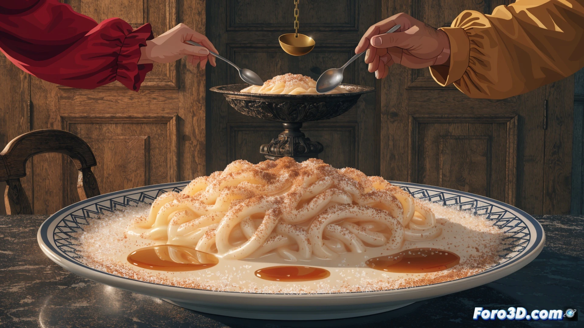 chilled creamy dessert forming around curved pasta shells in a glass dish, cinnamon sticks and sugar crystals scattered on a wooden table, steam rising from a fresh batch being poured, hands holding a ladle while stirring the mixture in a metal pot, traditional Ibizan kitchen tiles visible in background, cinematic food photography style, warm golden lighting from a window, shallow depth of field focusing on the pasta and creamy texture, photorealistic culinary illustration