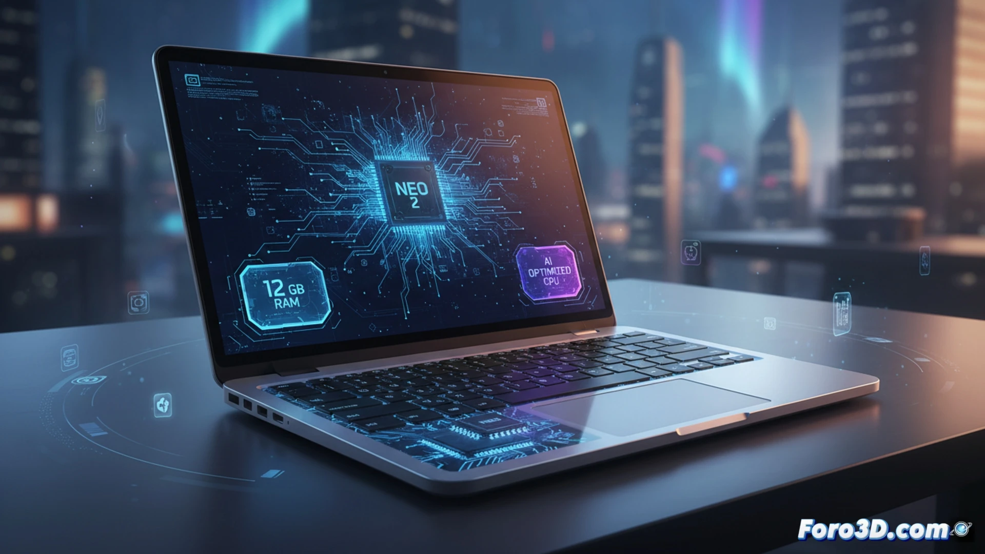 MacBook Neo 2 abierto sobre una mesa de ingeniería, placa base expuesta mostrando 12 GB de RAM soldados y un chip Neural Engine actualizado, mientras un desarrollador ejecuta modelos de IA local en pantalla dividida con múltiples apps activas, el ventilador interno gira lentamente demostrando disipación eficiente, fondo con diagramas de evolución técnica del hardware Apple, estilo cinematic photorealistic, iluminación de estudio fría, sombras contrastadas, texturas metálicas detalladas, componentes electrónicos visibles en macro, sin texto ni números en la escena.