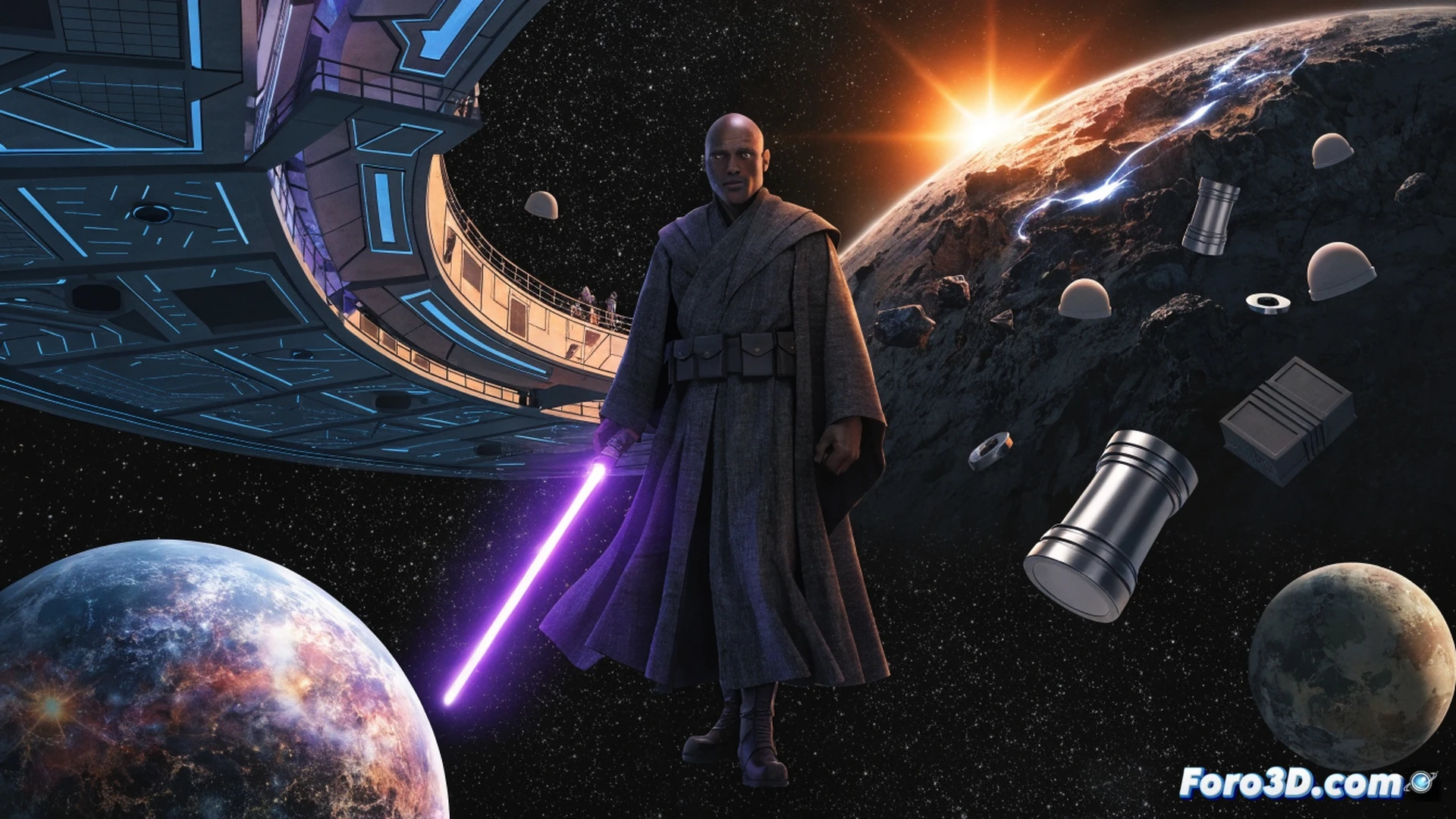 Mace Windu brandishing ignited purple lightsaber in a glowing holographic arena, facing Darth Maul with double-bladed red saber, during a Monopoly Star Wars Heroes vs. Villains match, dice rolling mid-air, floating space station control points in background, holographic Monopoly board pieces scattered, cinematic action shot, photorealistic game render, dramatic side lighting, intense duel stance, sparks from lightsaber clash, sci-fi arena floor with grid lines, ultra-detailed character textures, epic confrontation composition