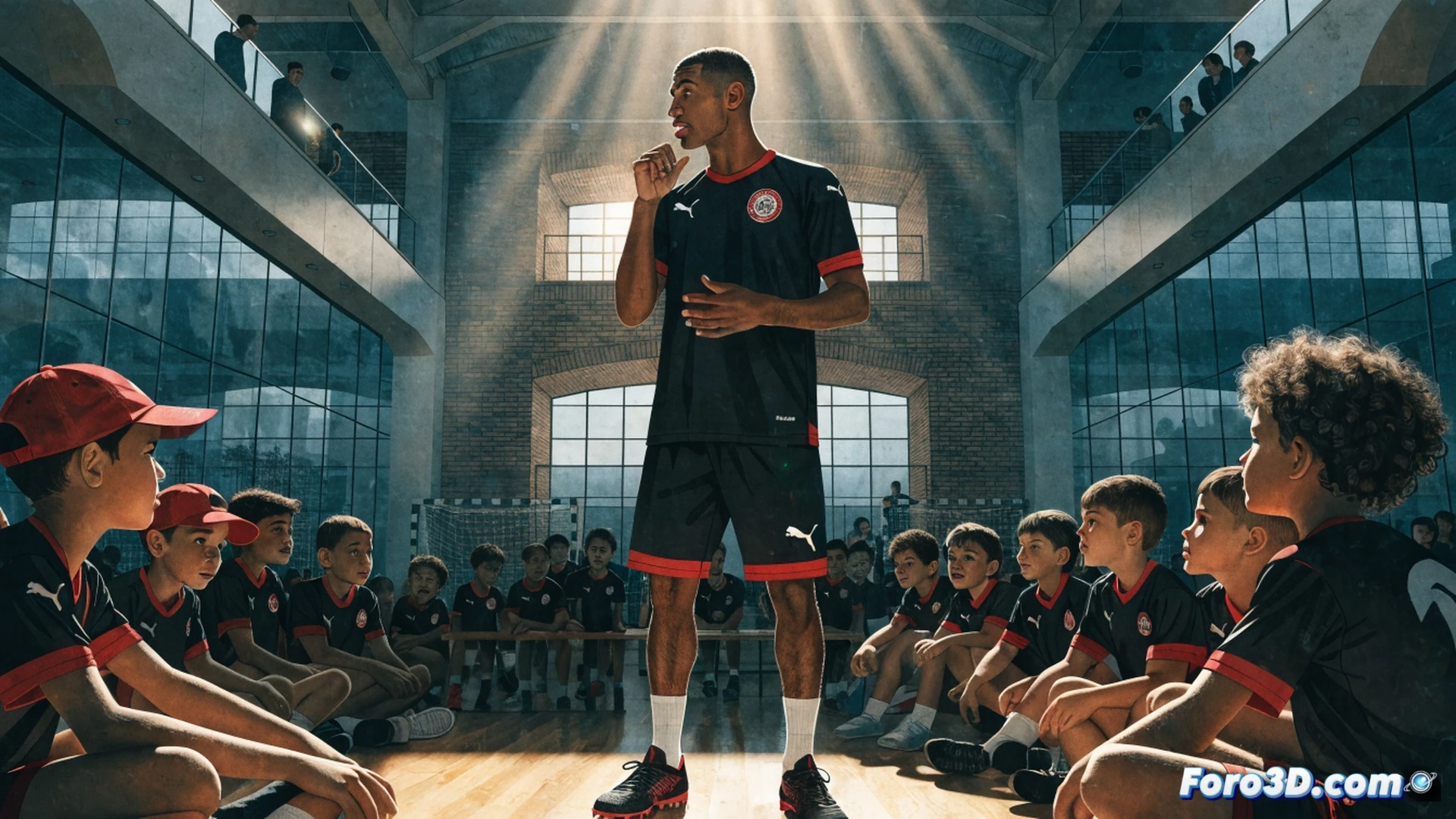 Brazilian futsal player in full action pose demonstrating a ball control drill, surrounded by excited children in a sunny outdoor court, sweat drops visible on his forehead while kicking a futsal ball, kids imitating his movement with focused expressions, school building in background with summer camp banners, dynamic motion blur on the ball trajectory, shallow depth of field emphasizing the player-child interaction, photorealistic sports photography style, warm golden hour lighting casting long shadows, vivid green synthetic turf texture, ultra-detailed sportswear fabric folds, cinematic composition with low-angle perspective